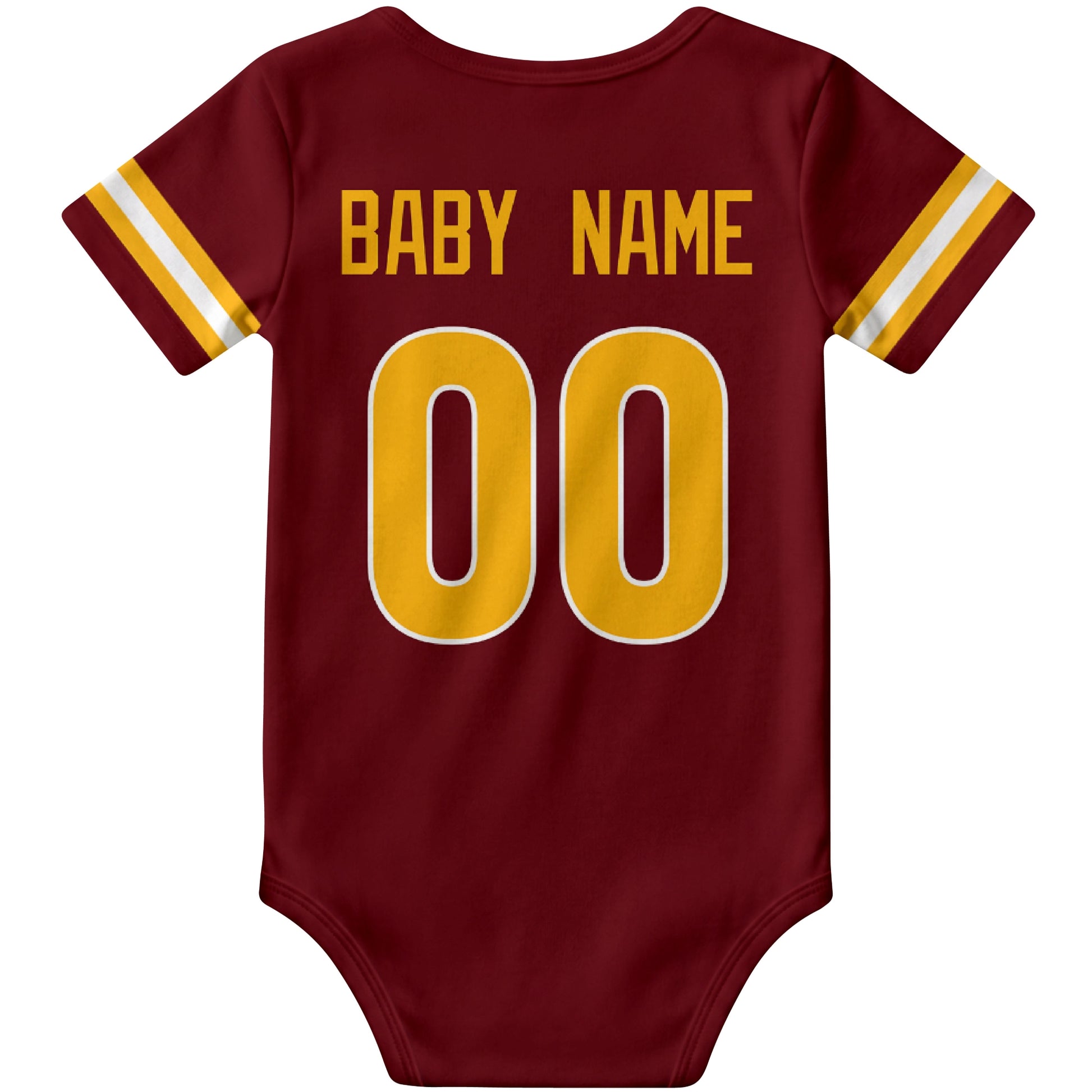 Washington Burgundy personalized football baby bodysuit back view with custom baby name and jersey number