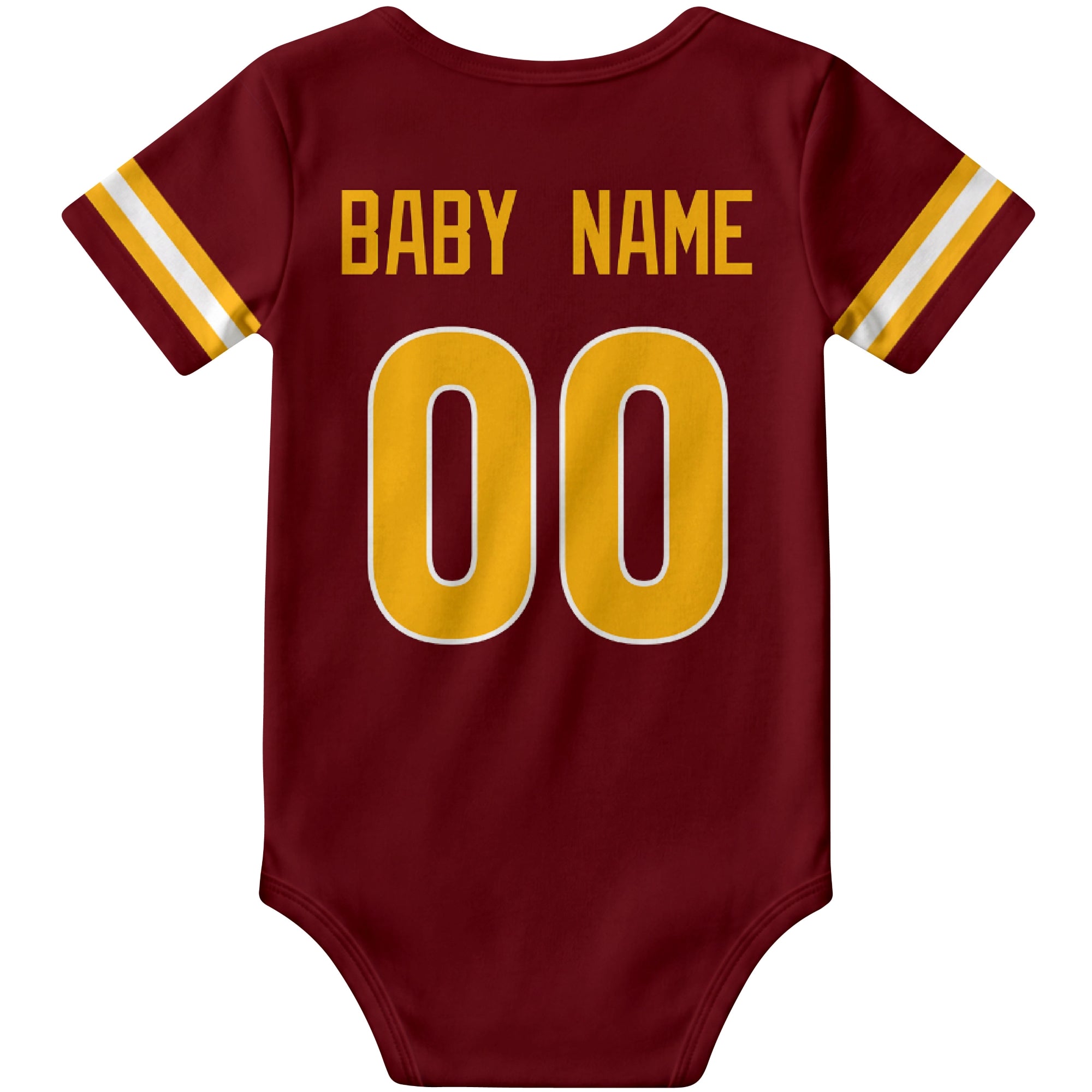 Washington Burgundy personalized football baby bodysuit back view with custom baby name and jersey number