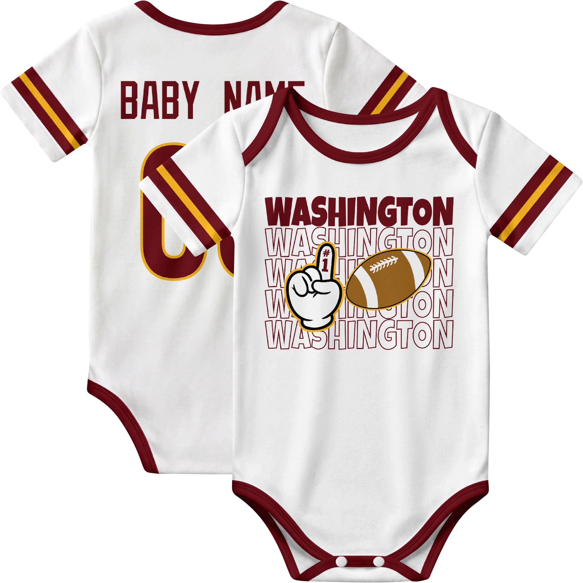 Washington personalized football baby bodysuit in White showing front number one fan design and back custom baby name and number