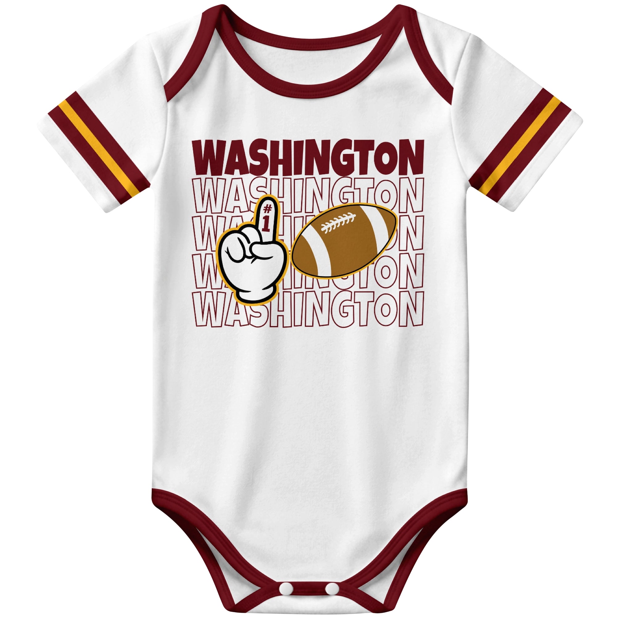 Washington White football baby bodysuit front view with city lettering football and number one fan hand graphic