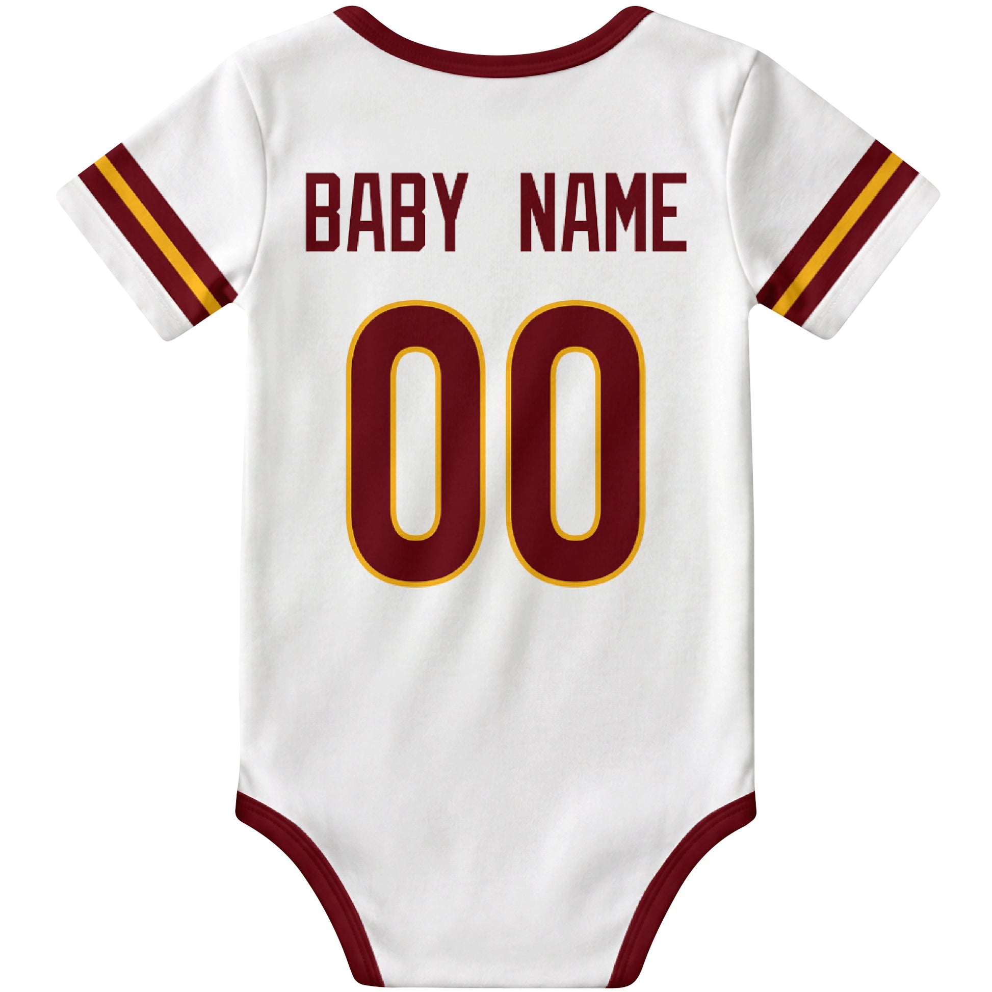 Washington White personalized football baby bodysuit back view with custom baby name and jersey number