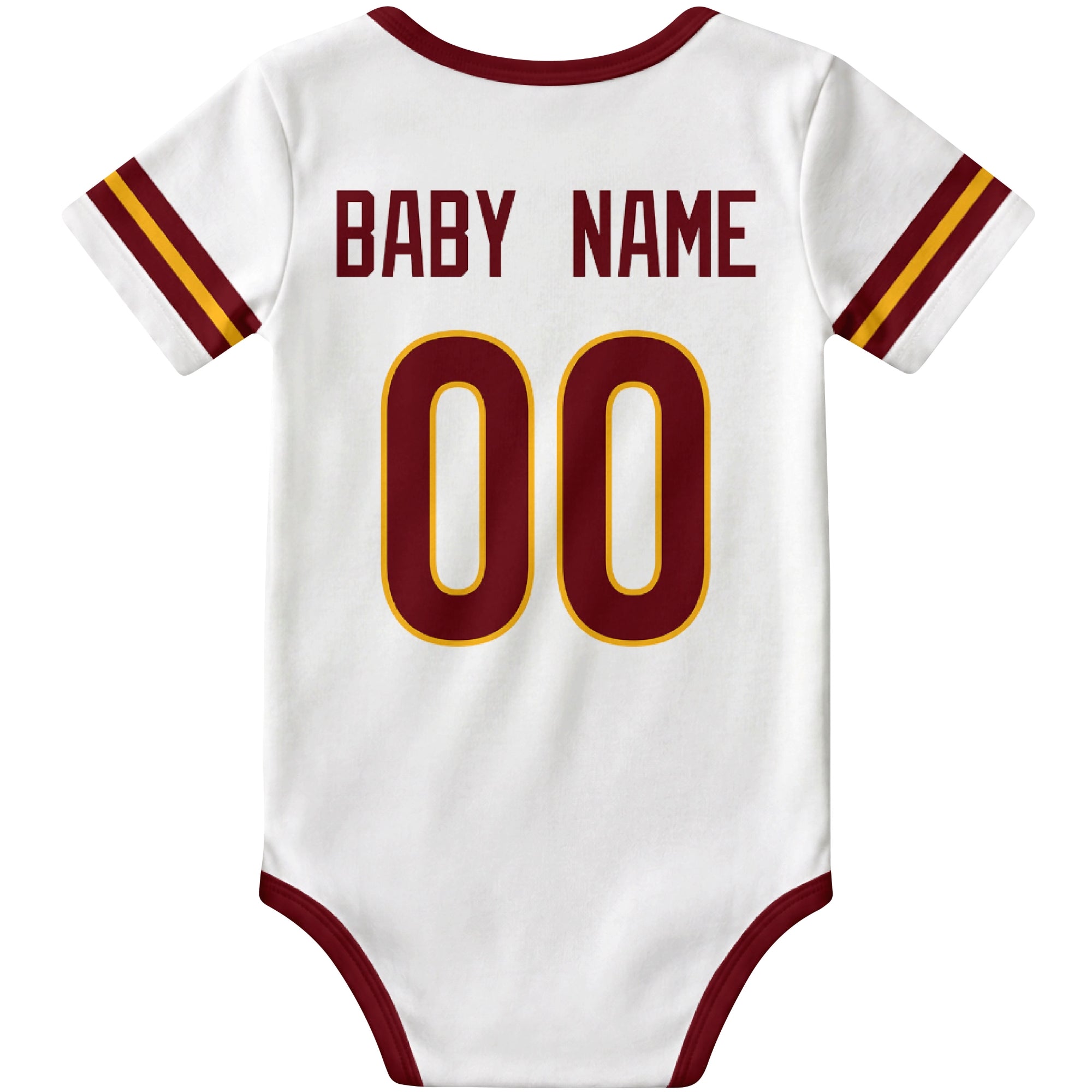 Washington White personalized football baby bodysuit back view with custom baby name and jersey number