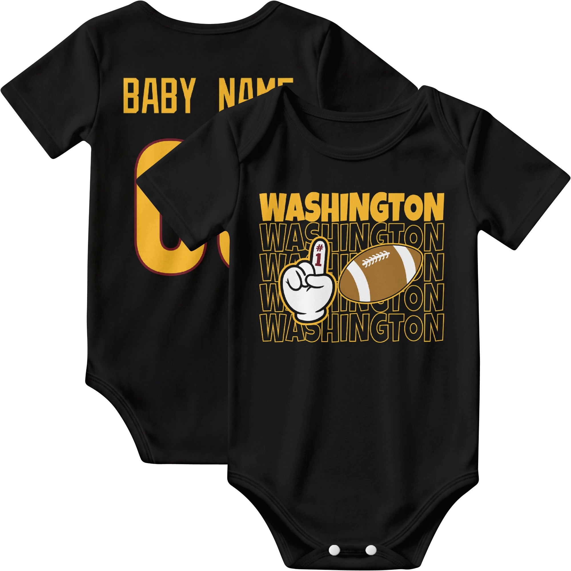 Washington personalized football baby bodysuit in Black showing front number one fan design and back custom baby name and number