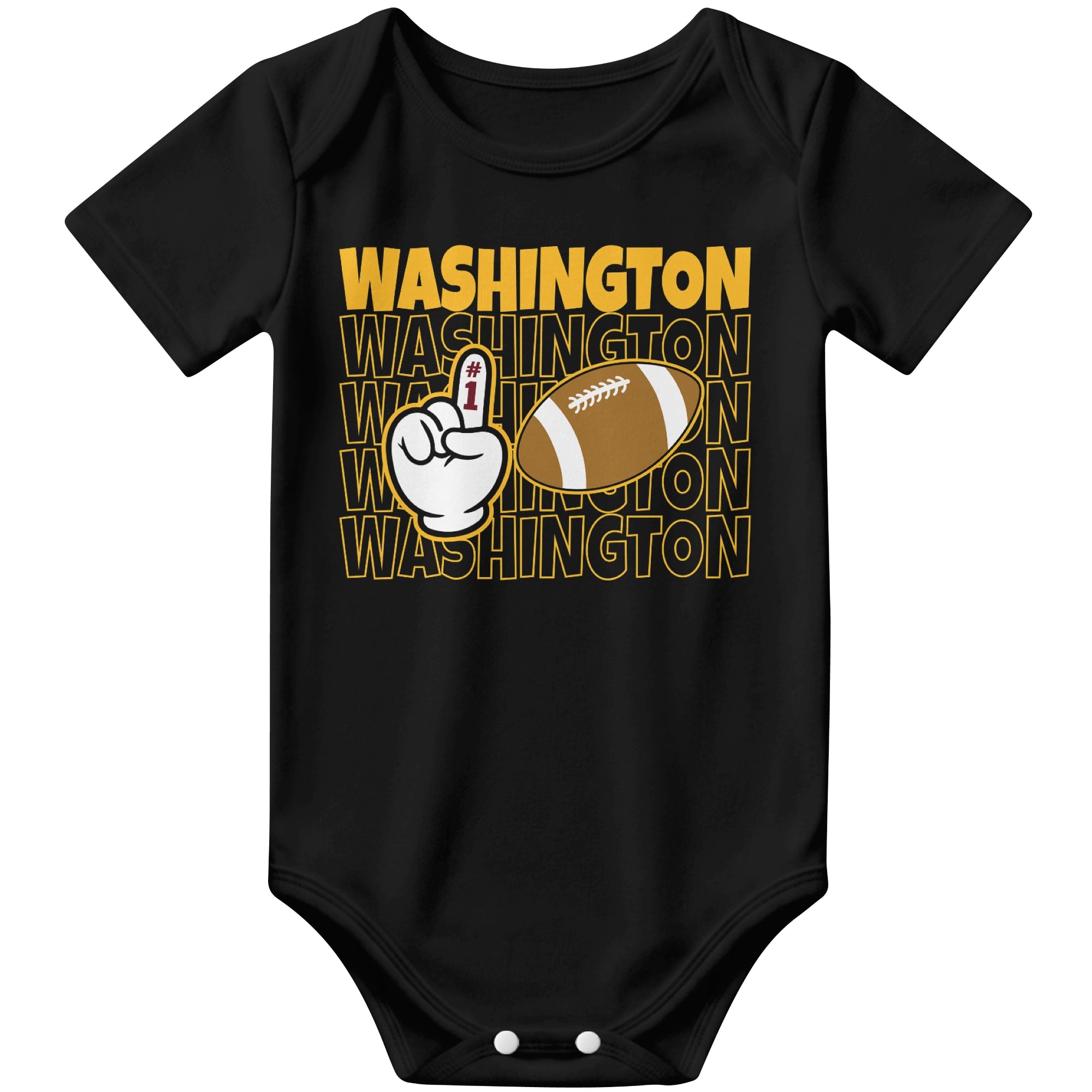 Washington Black football baby bodysuit front view with city lettering football and number one fan hand graphic