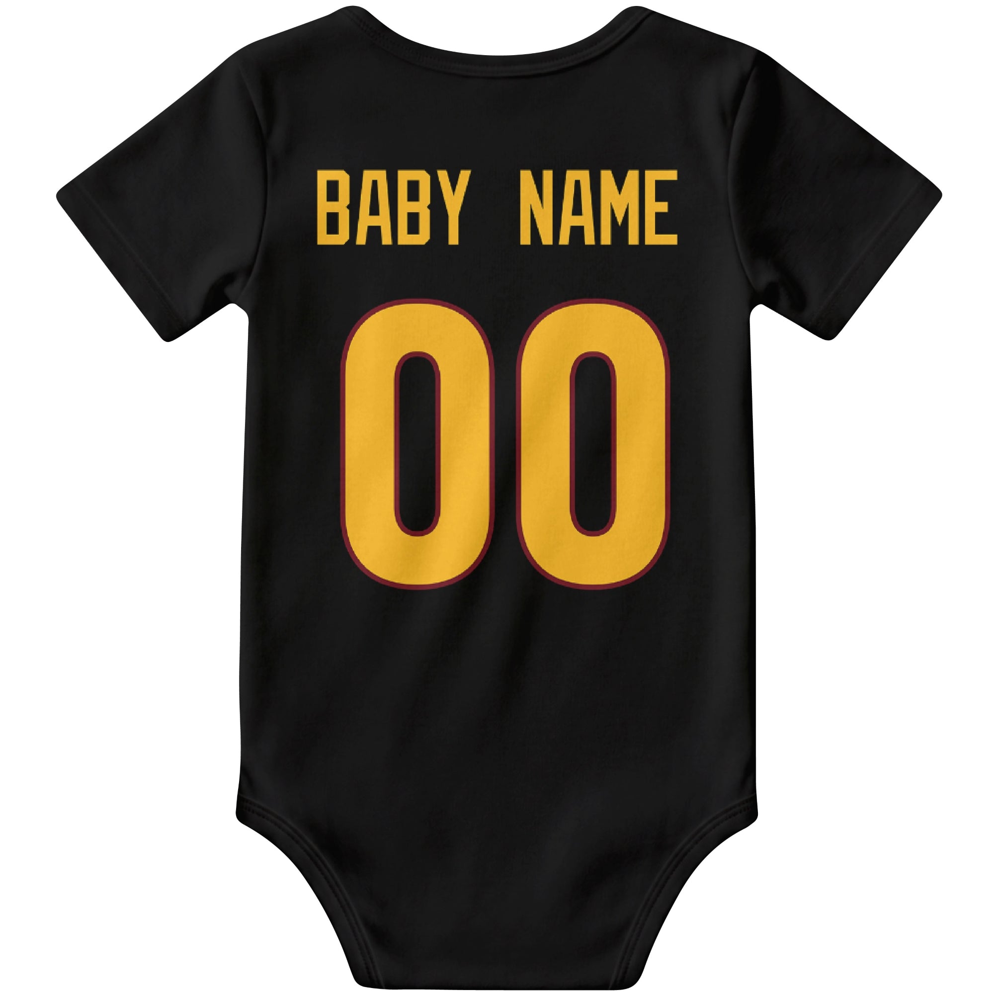 Washington Black personalized football baby bodysuit back view with custom baby name and jersey number