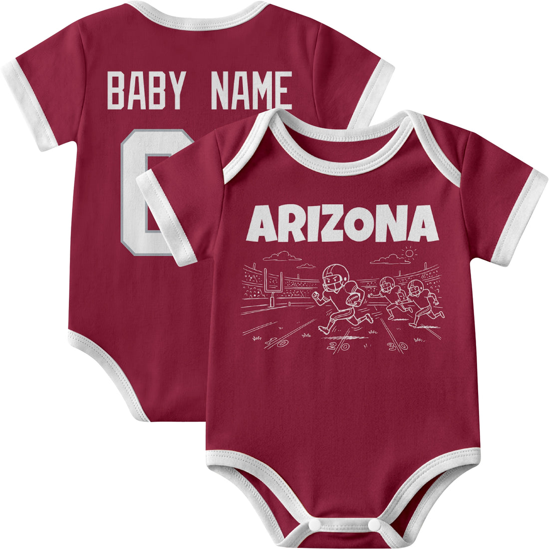 Arizona personalized baby football bodysuit in Red showing front field action scene and back custom baby name and number