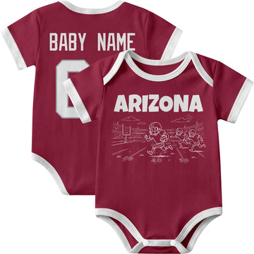 Arizona personalized baby football bodysuit in Red showing front field action scene and back custom baby name and number