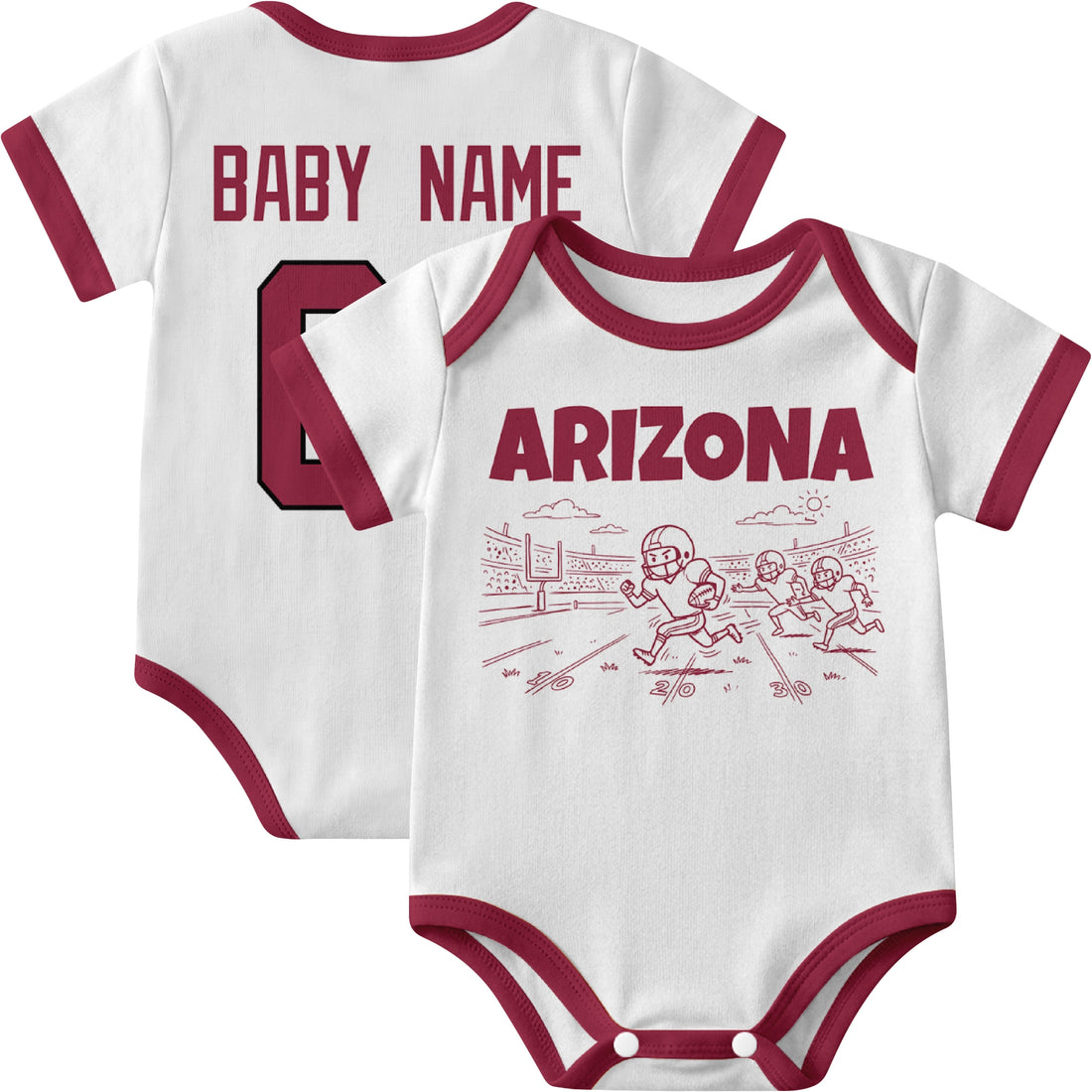 Arizona personalized baby football bodysuit in Red showing front field action scene and back custom baby name and number
