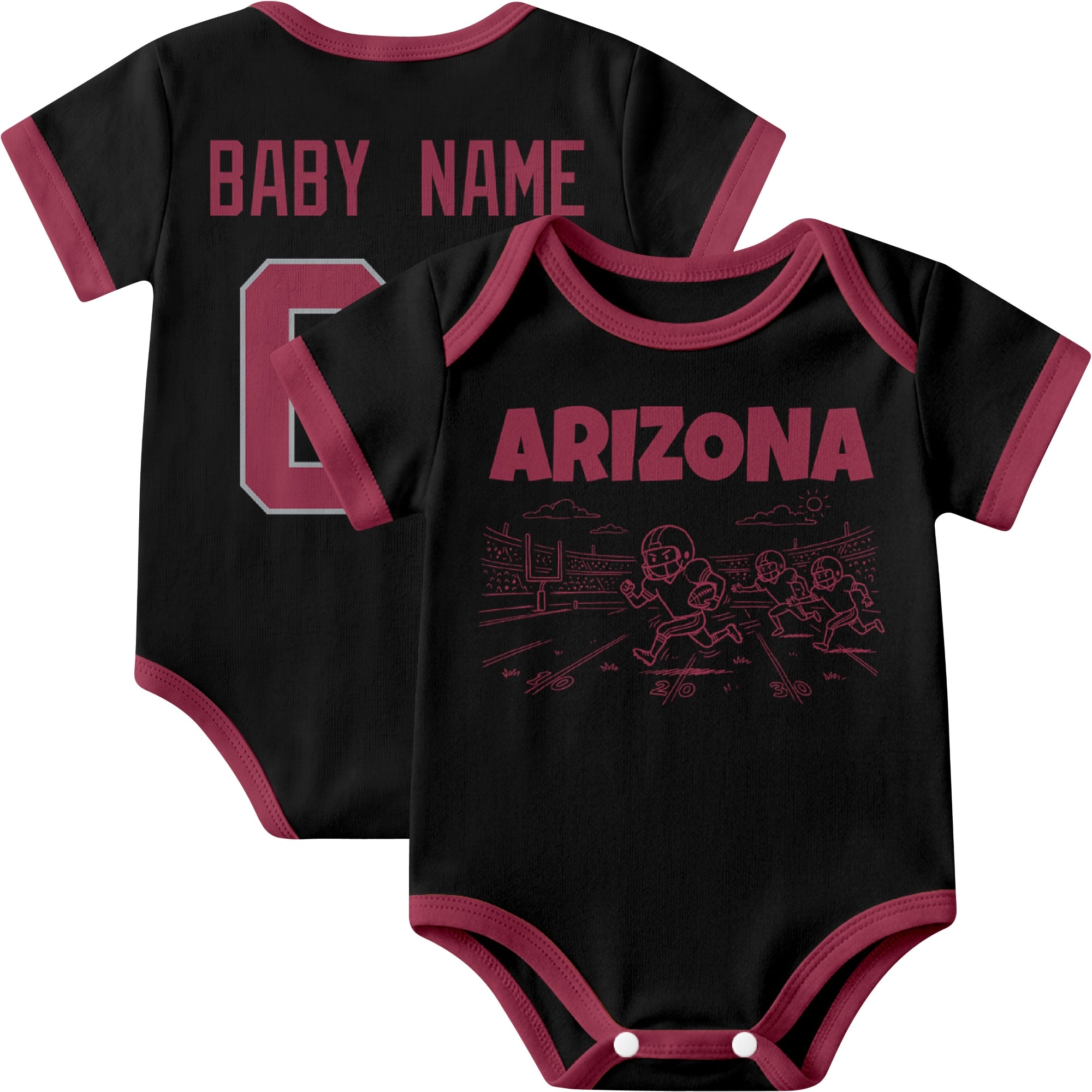 Arizona personalized baby football bodysuit in Black showing front field action scene and back custom baby name and number
