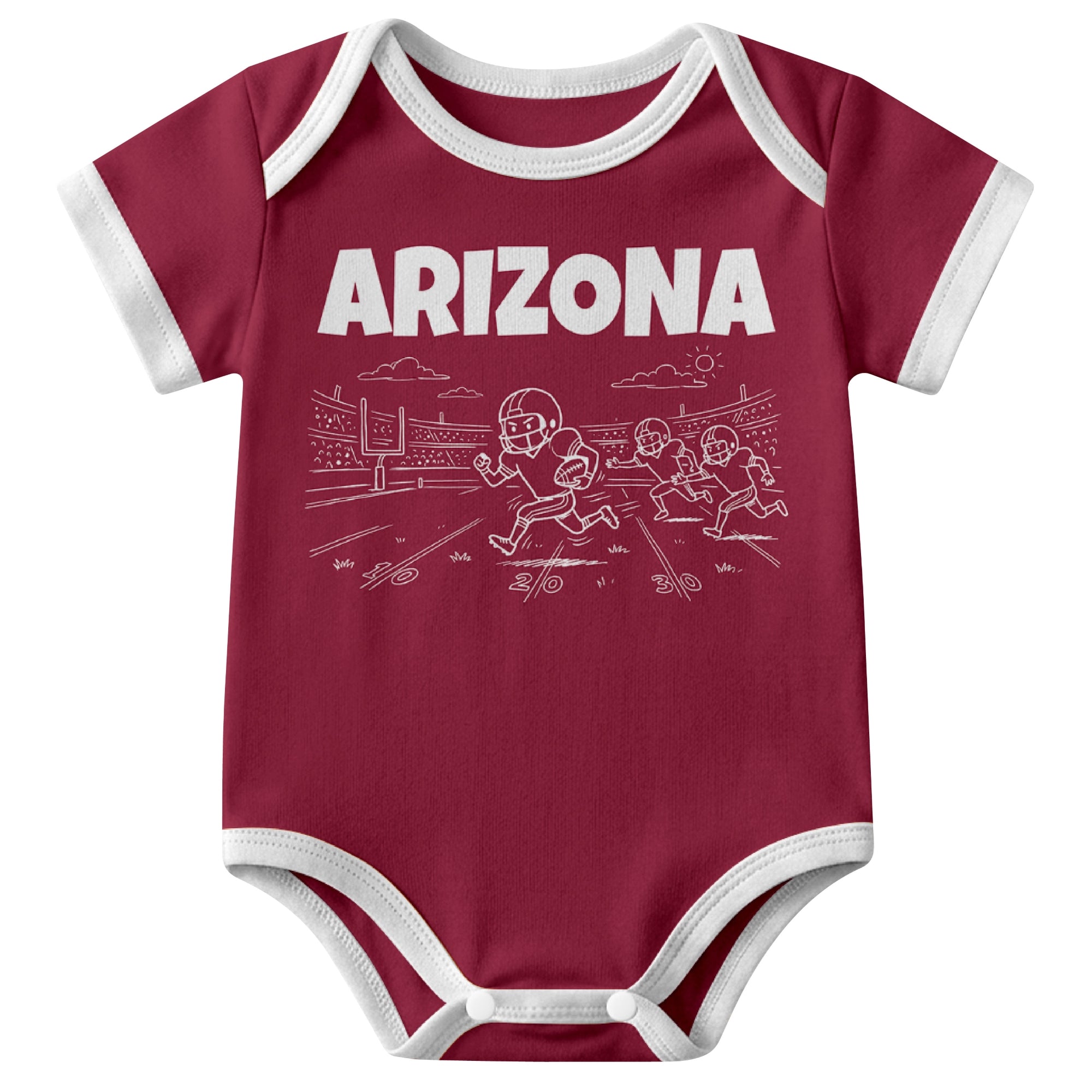 Arizona Red baby football bodysuit front view with city lettering and football field action graphic