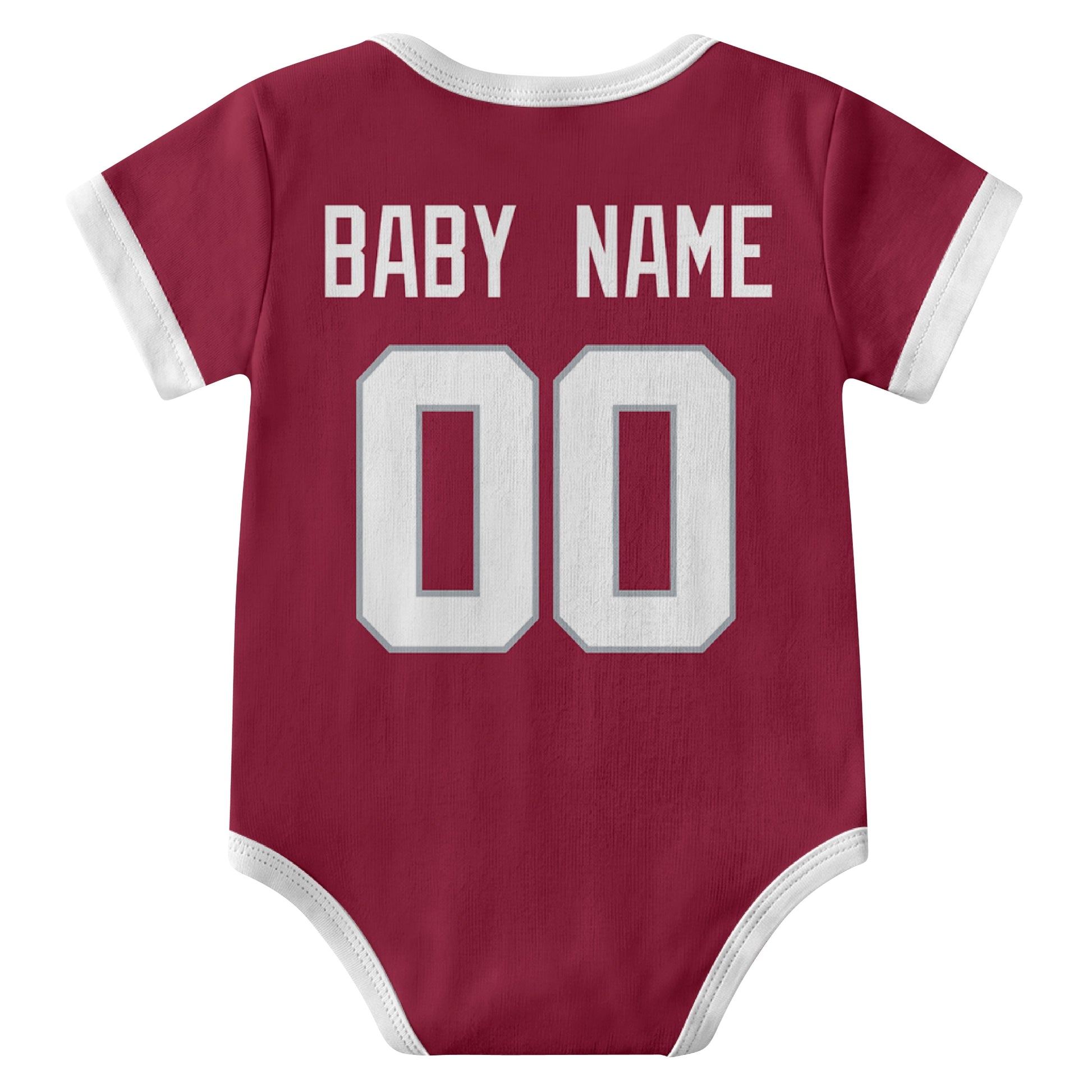 Arizona Red personalized baby football bodysuit back view with custom baby name and jersey number