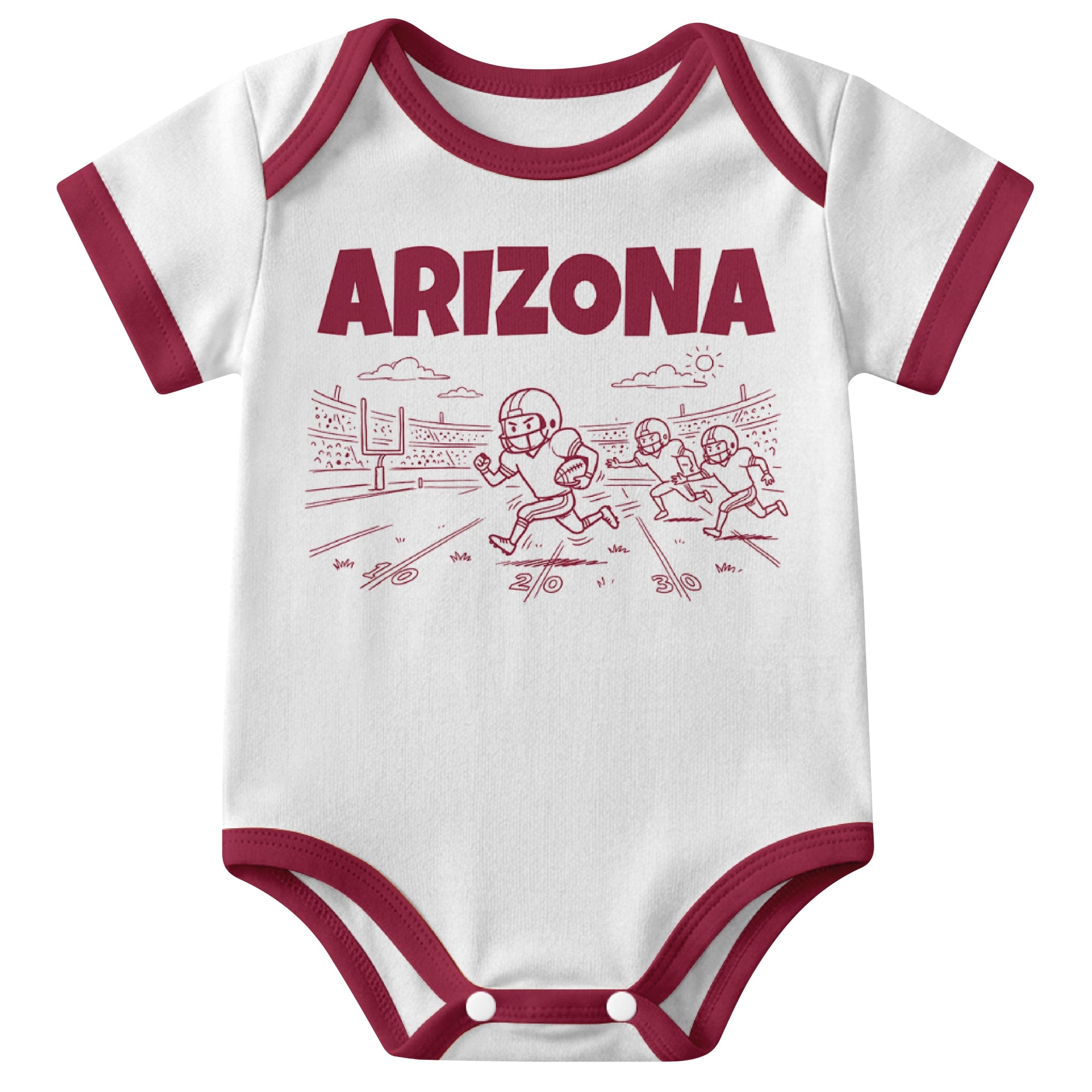 Arizona White baby football bodysuit front view with city lettering and football field action graphic