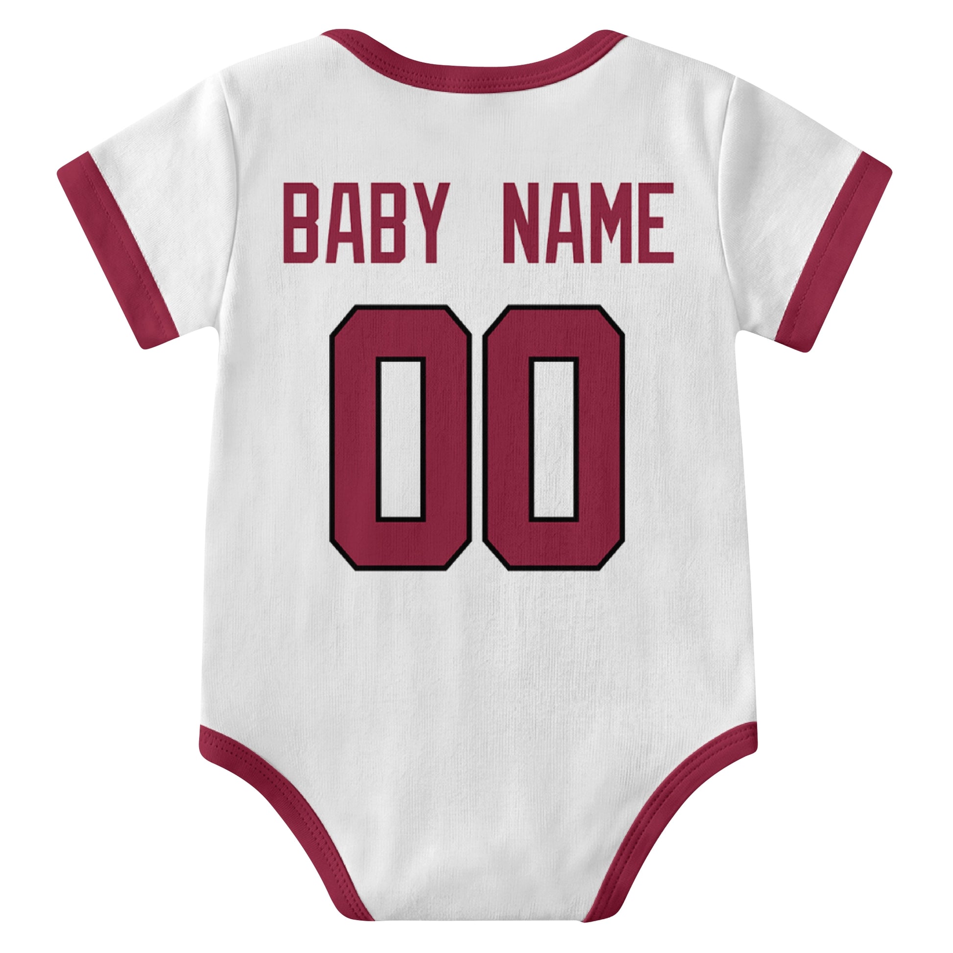Arizona White personalized baby football bodysuit back view with custom baby name and jersey number