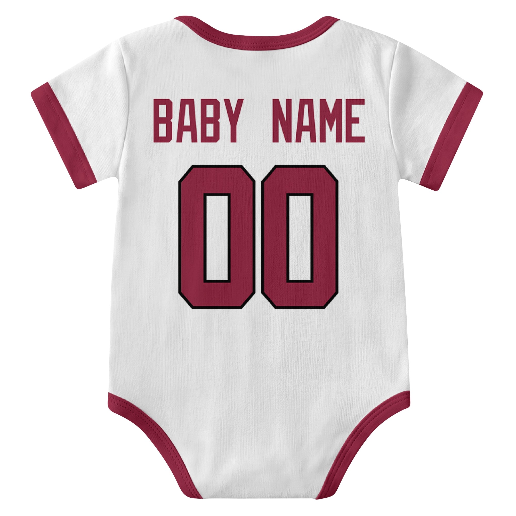 Arizona White personalized baby football bodysuit back view with custom baby name and jersey number