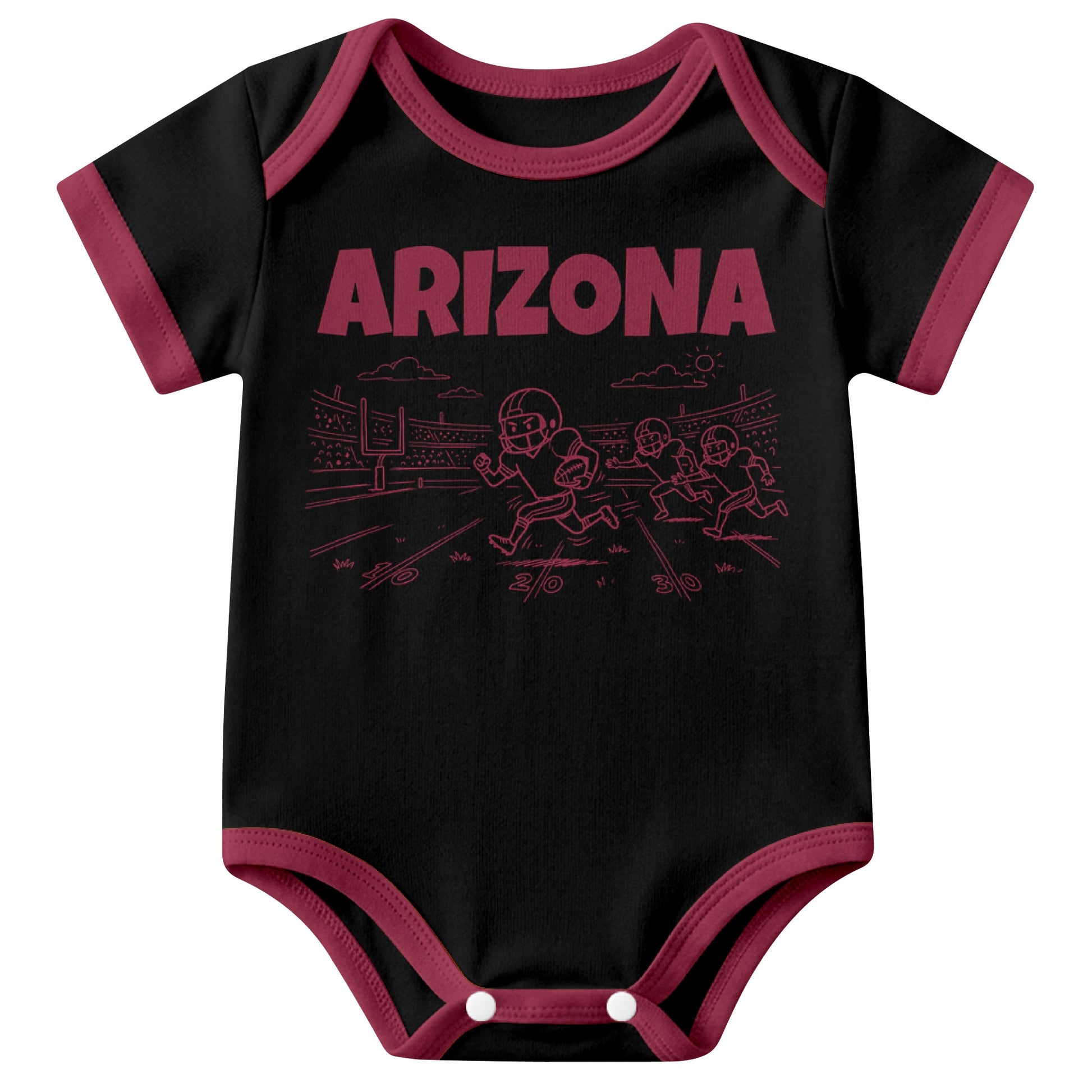 Arizona Black baby football bodysuit front view with city lettering and football field action graphic