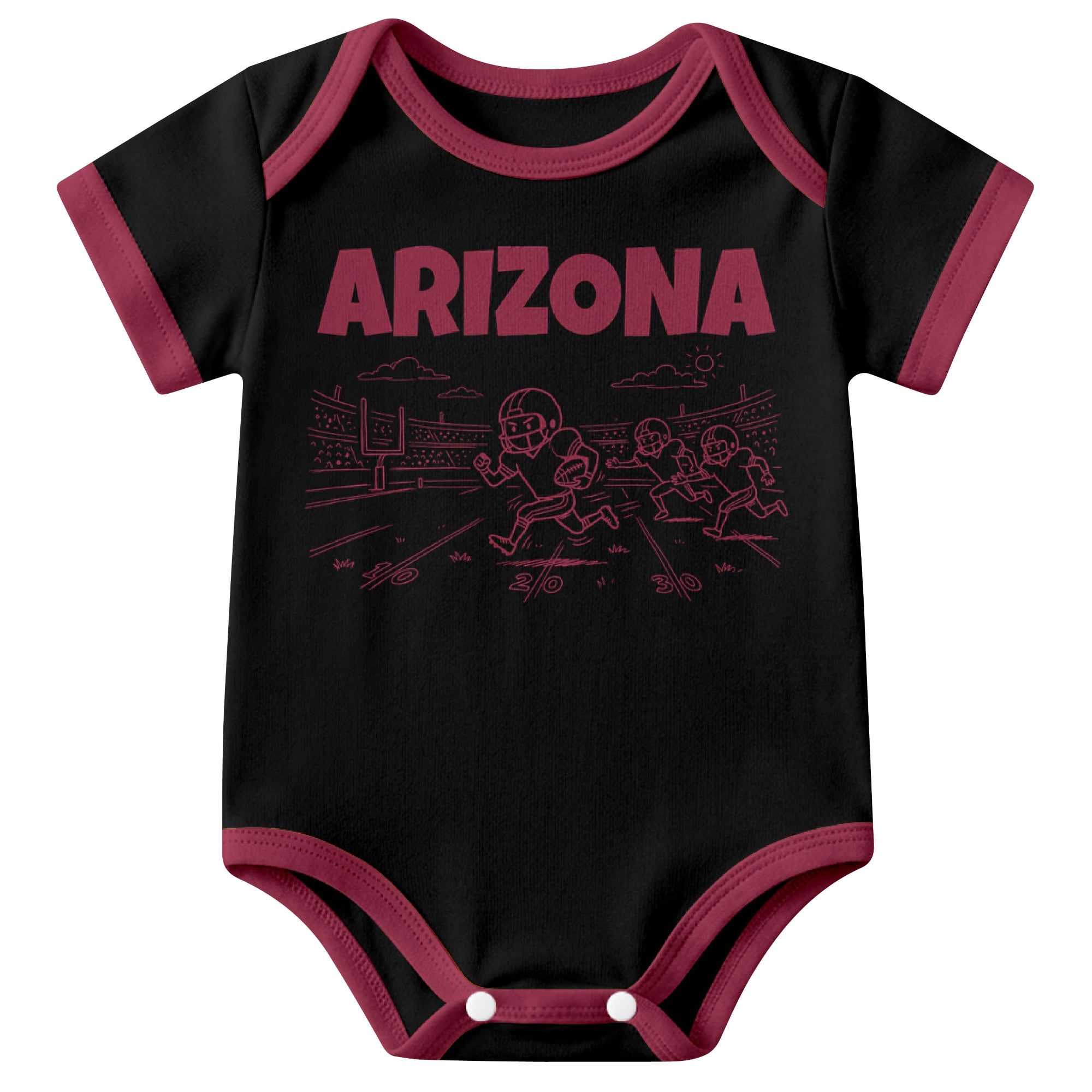 Arizona Black baby football bodysuit front view with city lettering and football field action graphic
