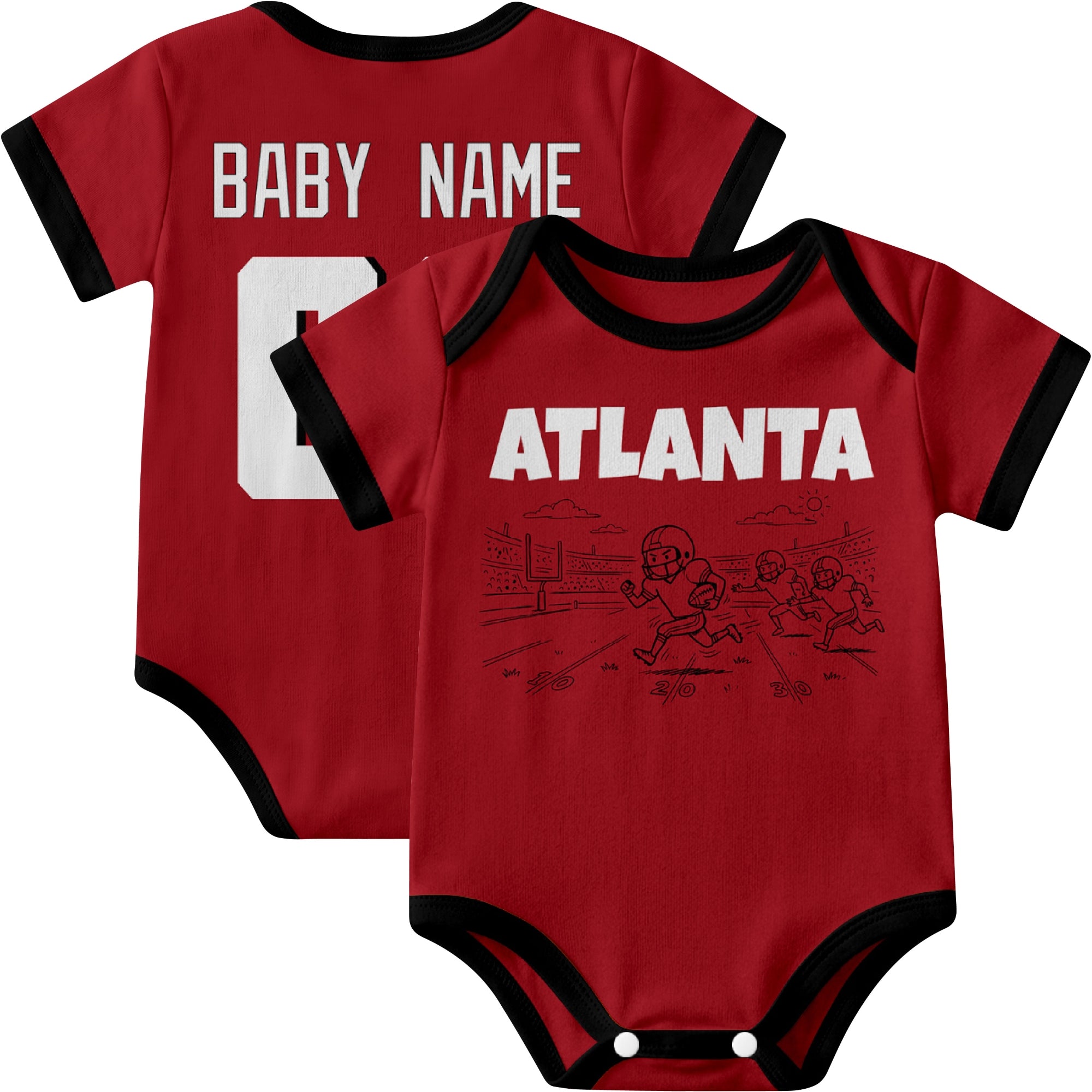 Atlanta personalized baby football bodysuit in Red showing front field action scene and back custom baby name and number