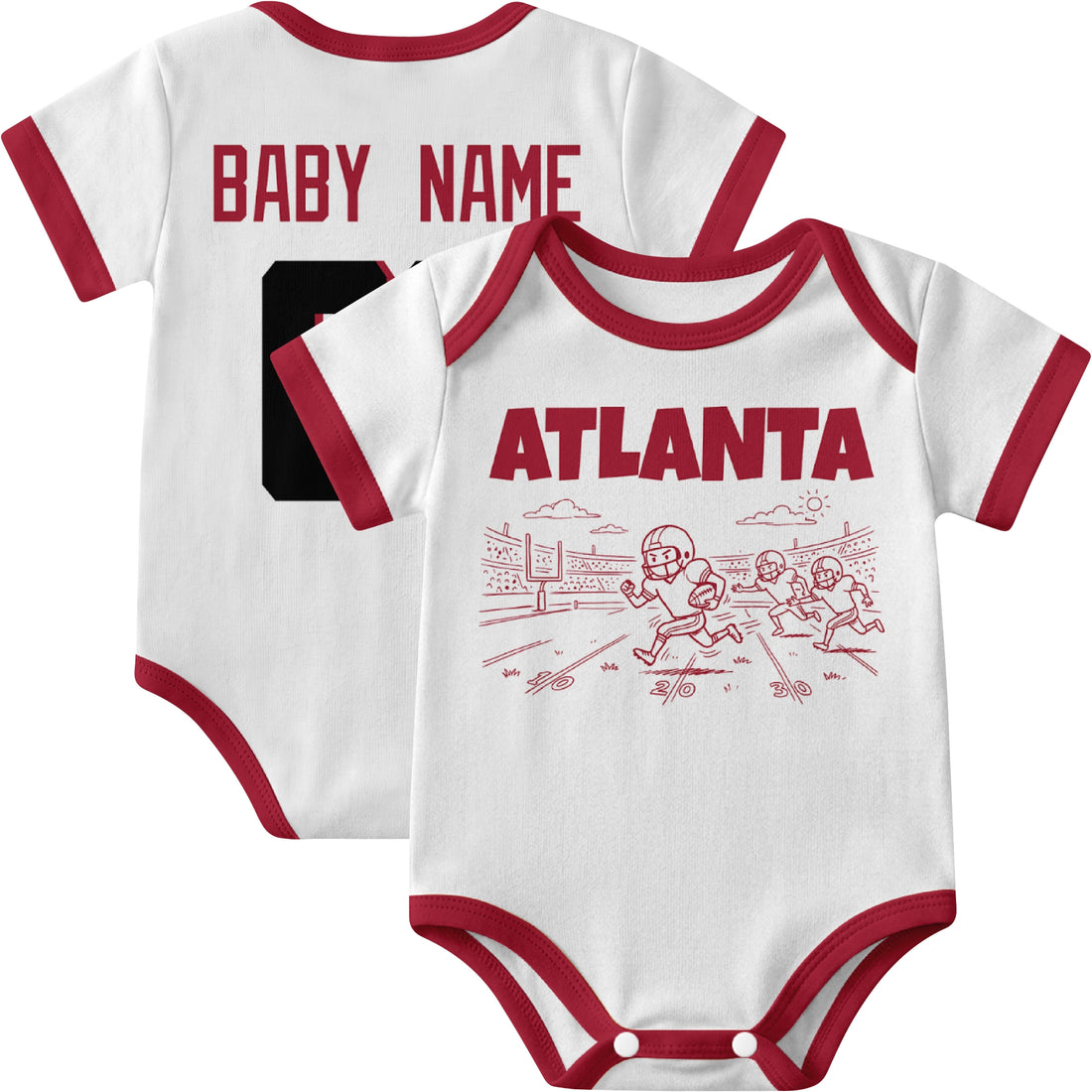 Atlanta personalized baby football bodysuit in Red showing front field action scene and back custom baby name and number