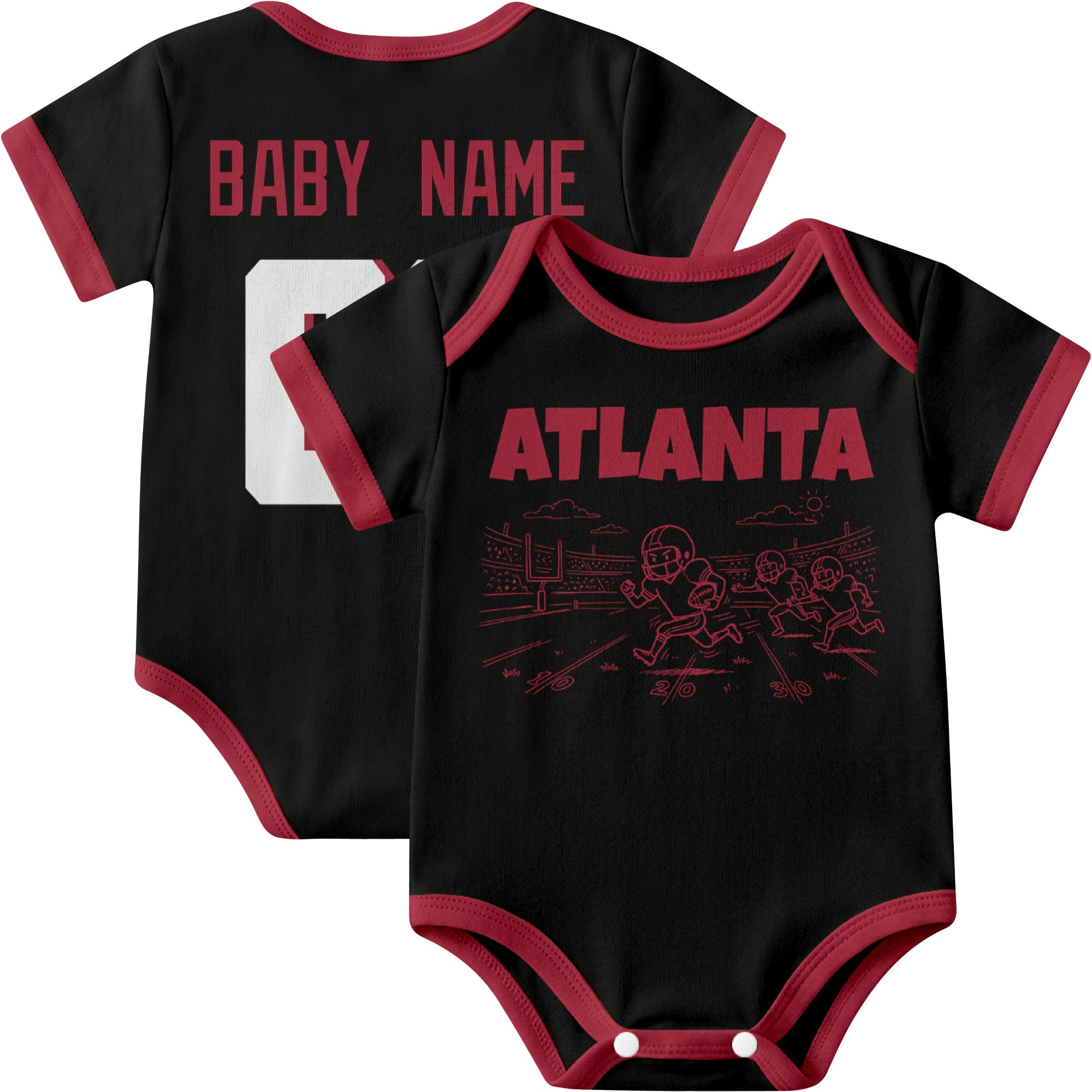 Atlanta personalized baby football bodysuit in Black showing front field action scene and back custom baby name and number