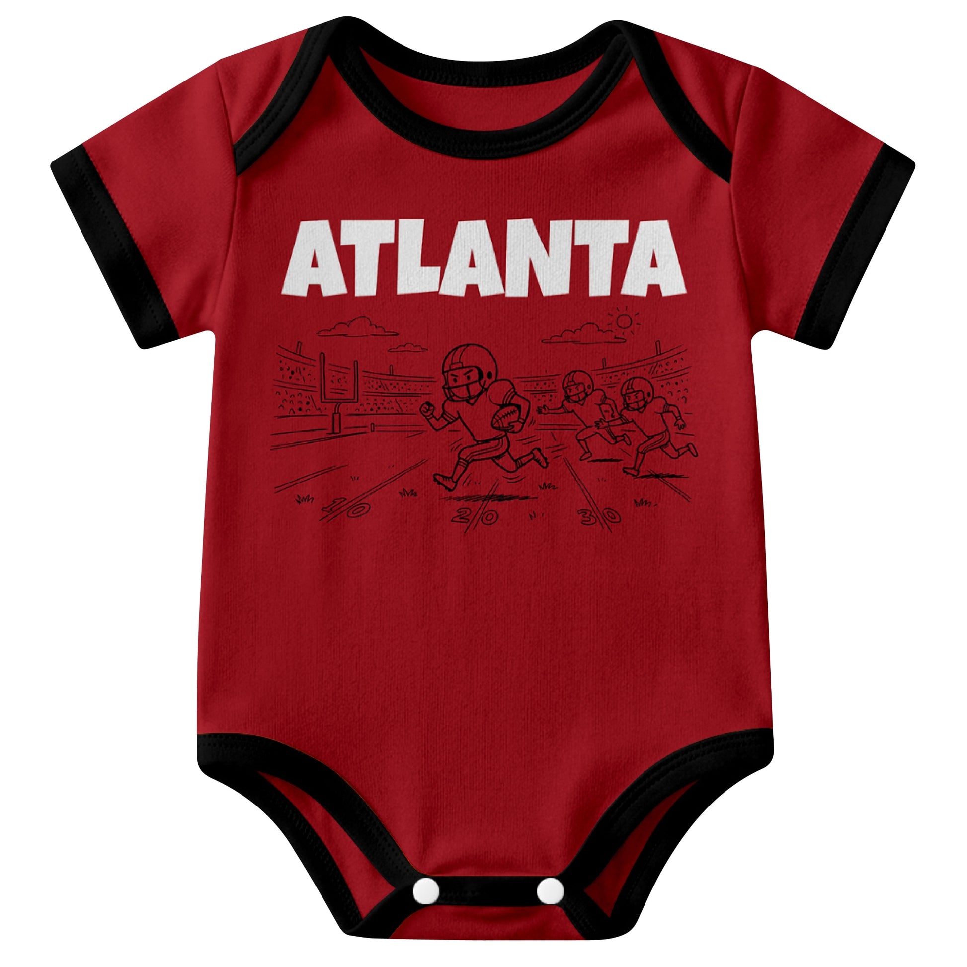 Atlanta Red baby football bodysuit front view with city lettering and football field action graphic