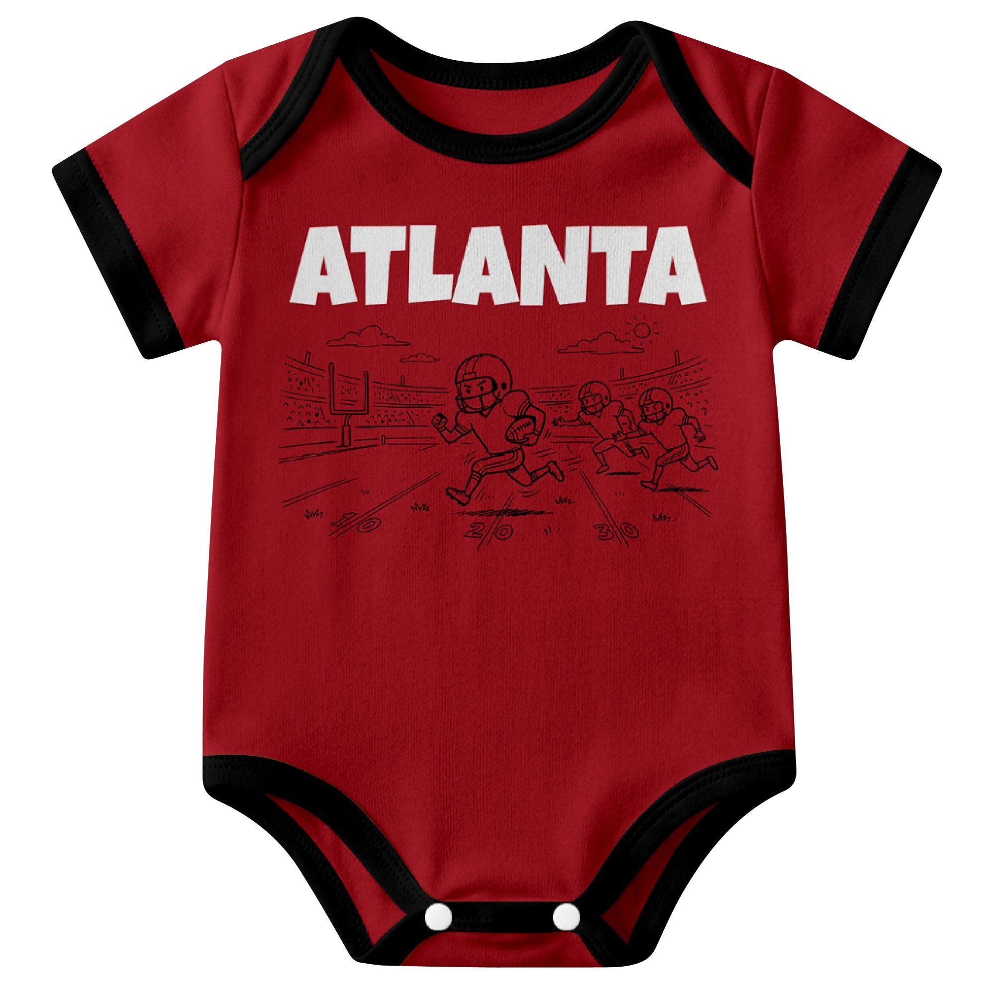 Atlanta Red baby football bodysuit front view with city lettering and football field action graphic