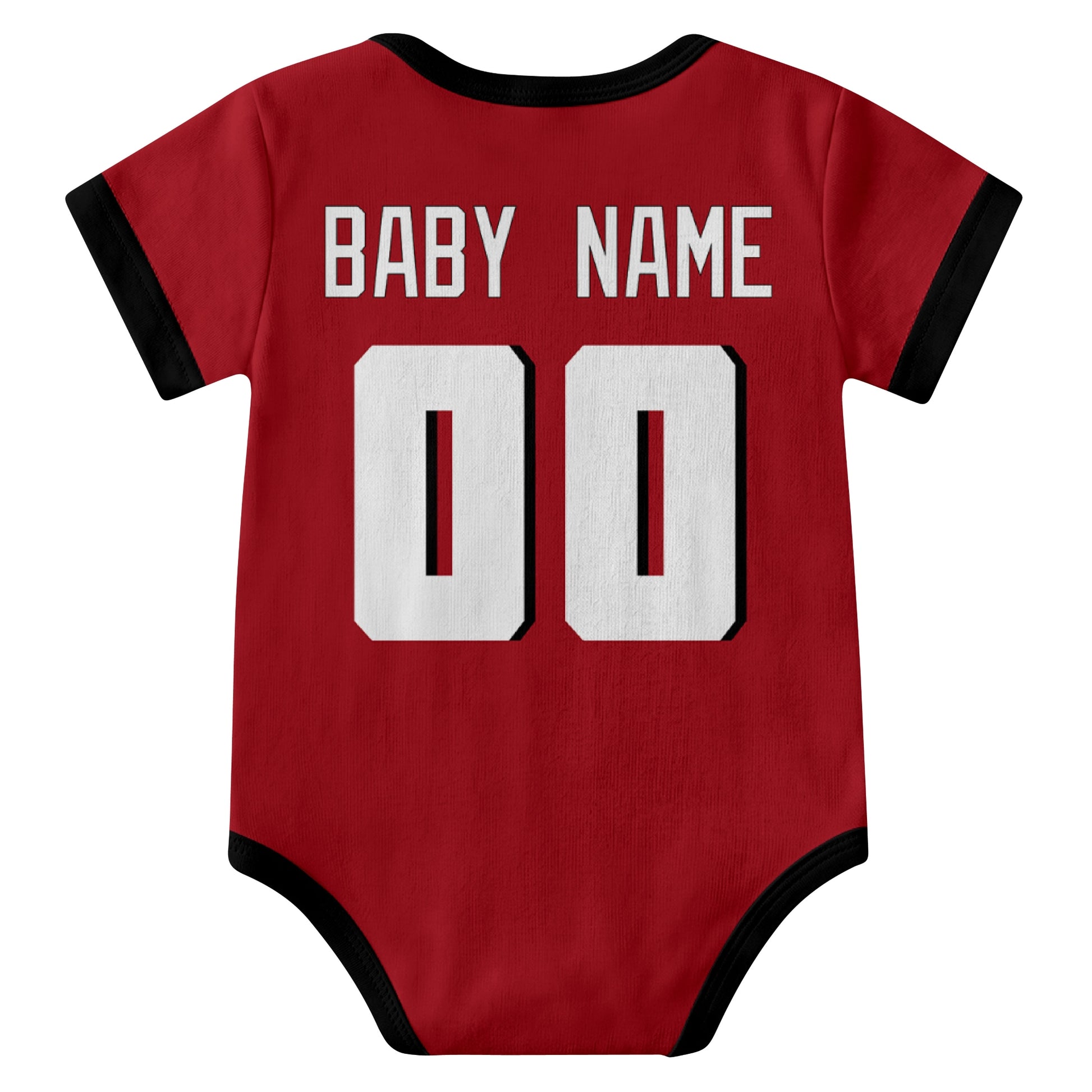 Atlanta Red personalized baby football bodysuit back view with custom baby name and jersey number