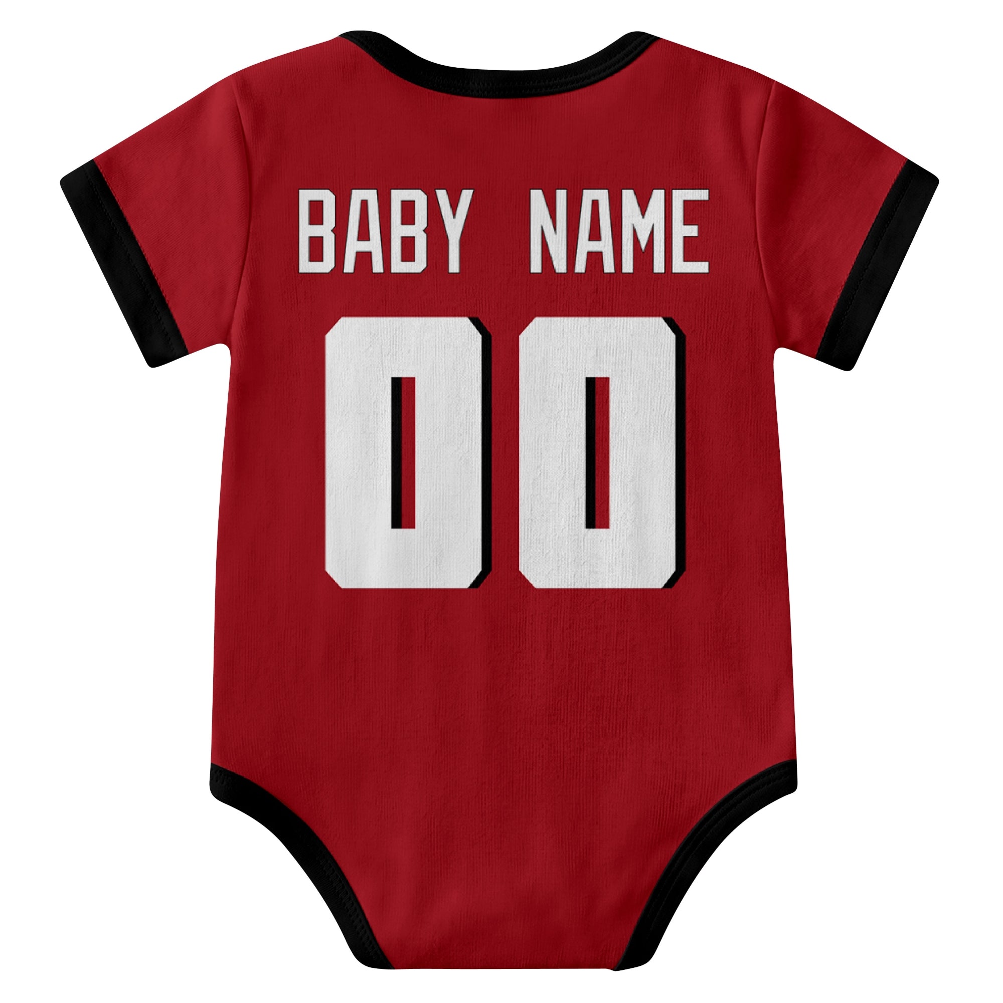 Atlanta Red personalized baby football bodysuit back view with custom baby name and jersey number