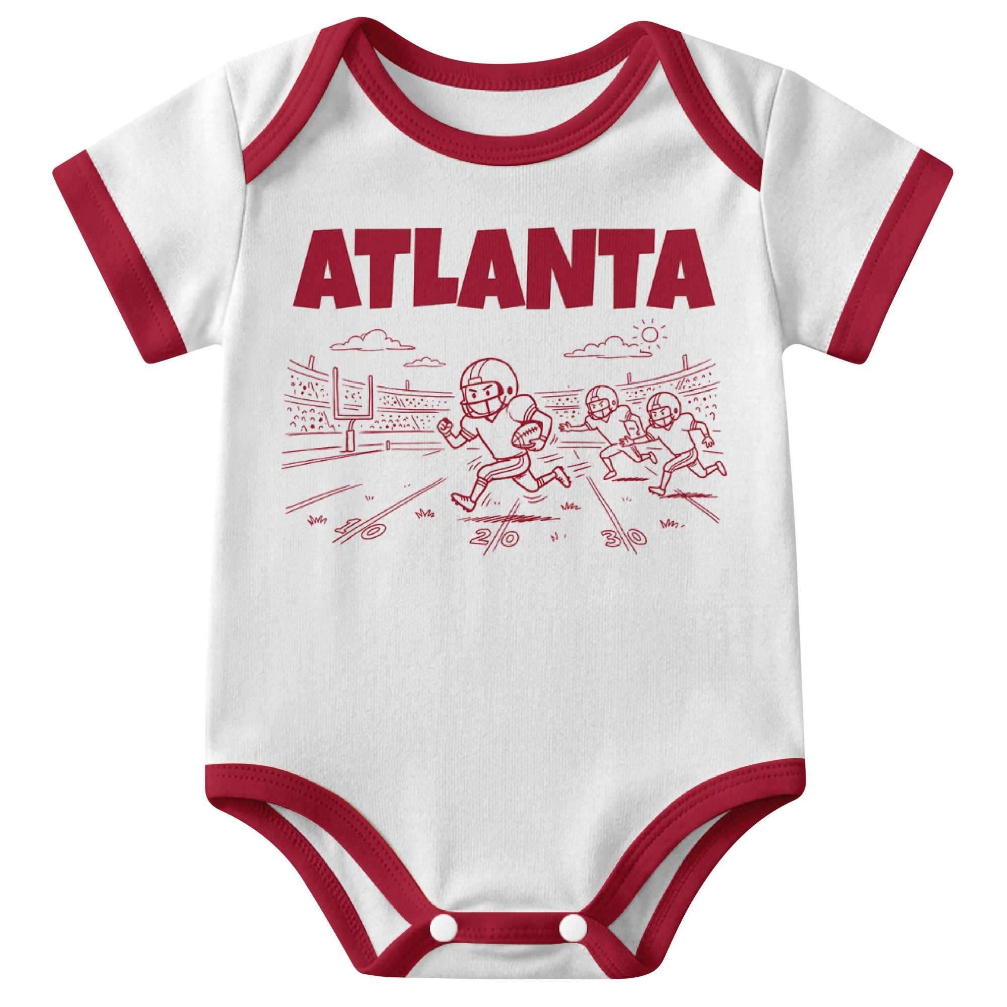 Atlanta White baby football bodysuit front view with city lettering and football field action graphic