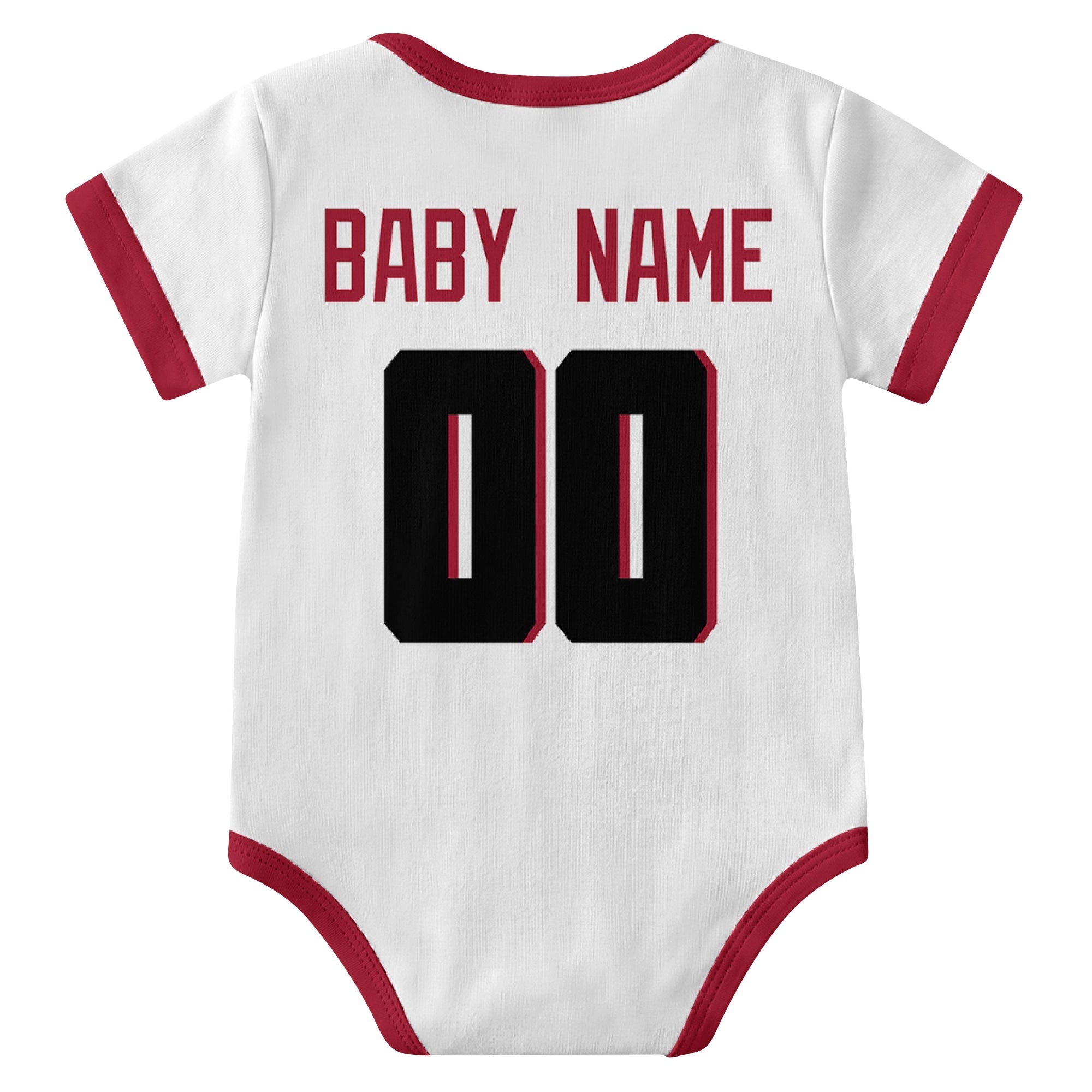 Atlanta White personalized baby football bodysuit back view with custom baby name and jersey number