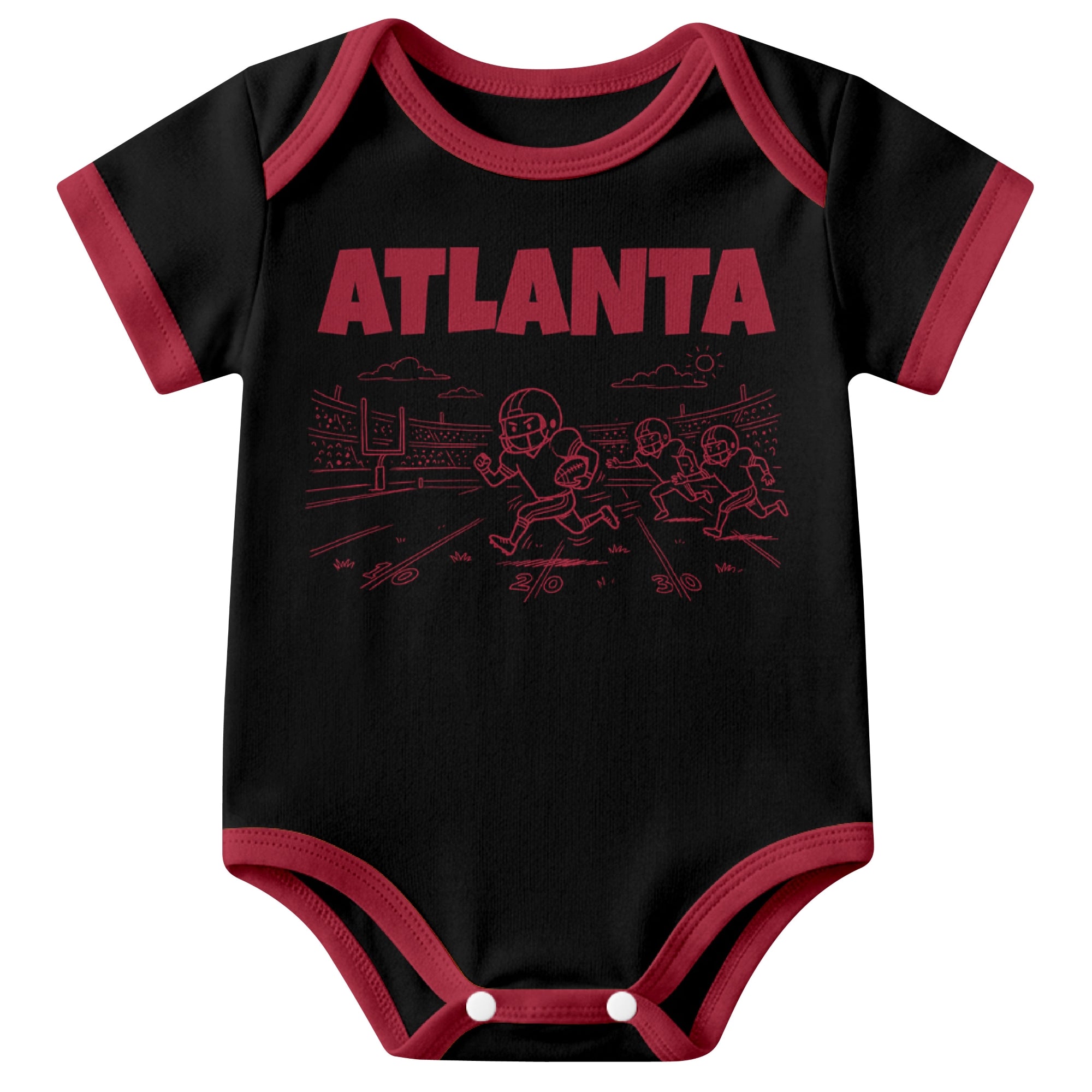 Atlanta Black baby football bodysuit front view with city lettering and football field action graphic