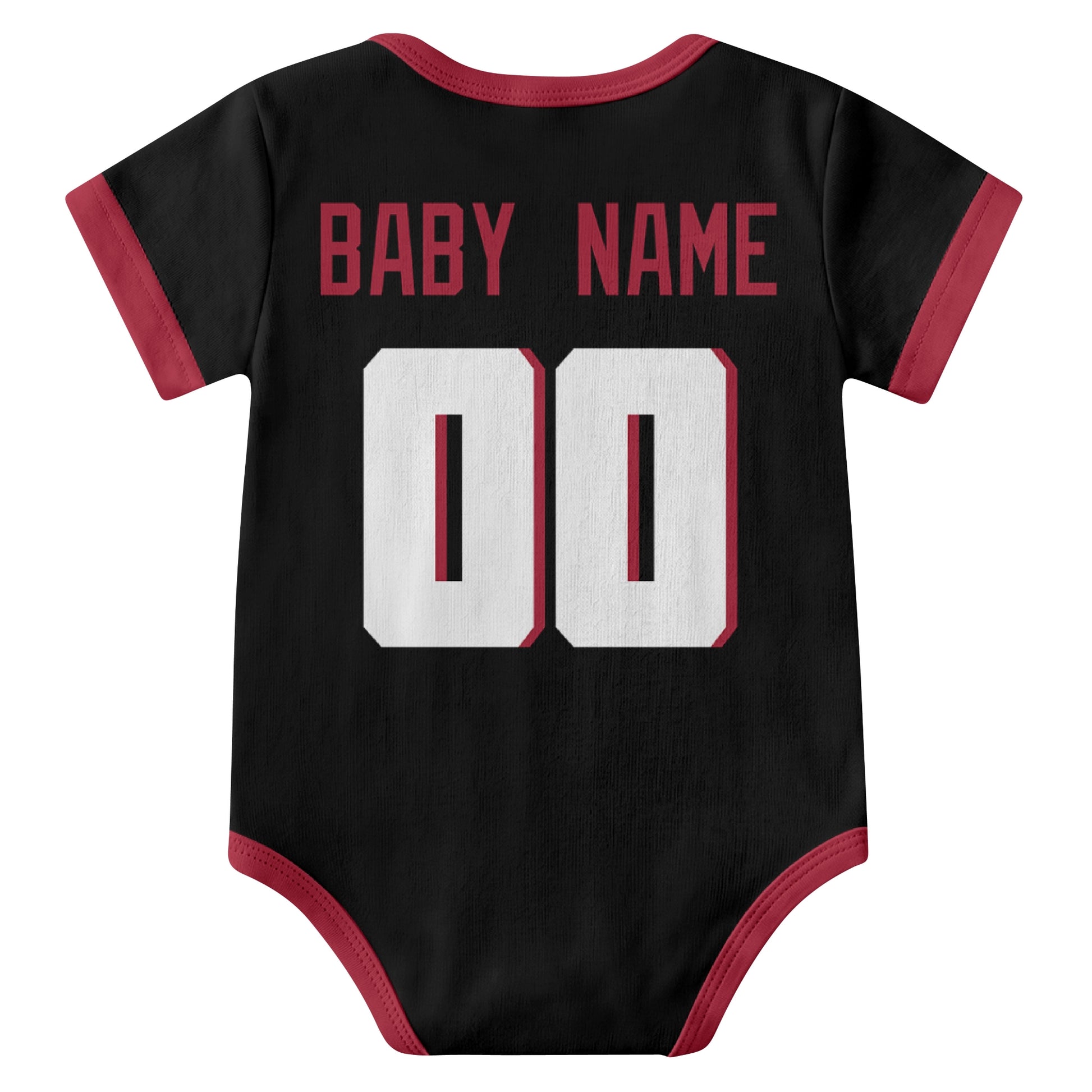 Atlanta Black personalized baby football bodysuit back view with custom baby name and jersey number