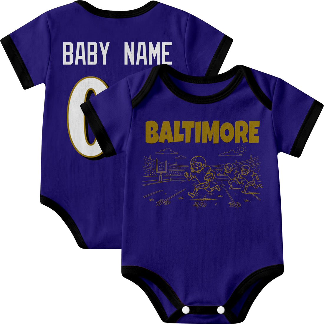 Baltimore personalized baby football bodysuit in Purple showing front field action scene and back custom baby name and number