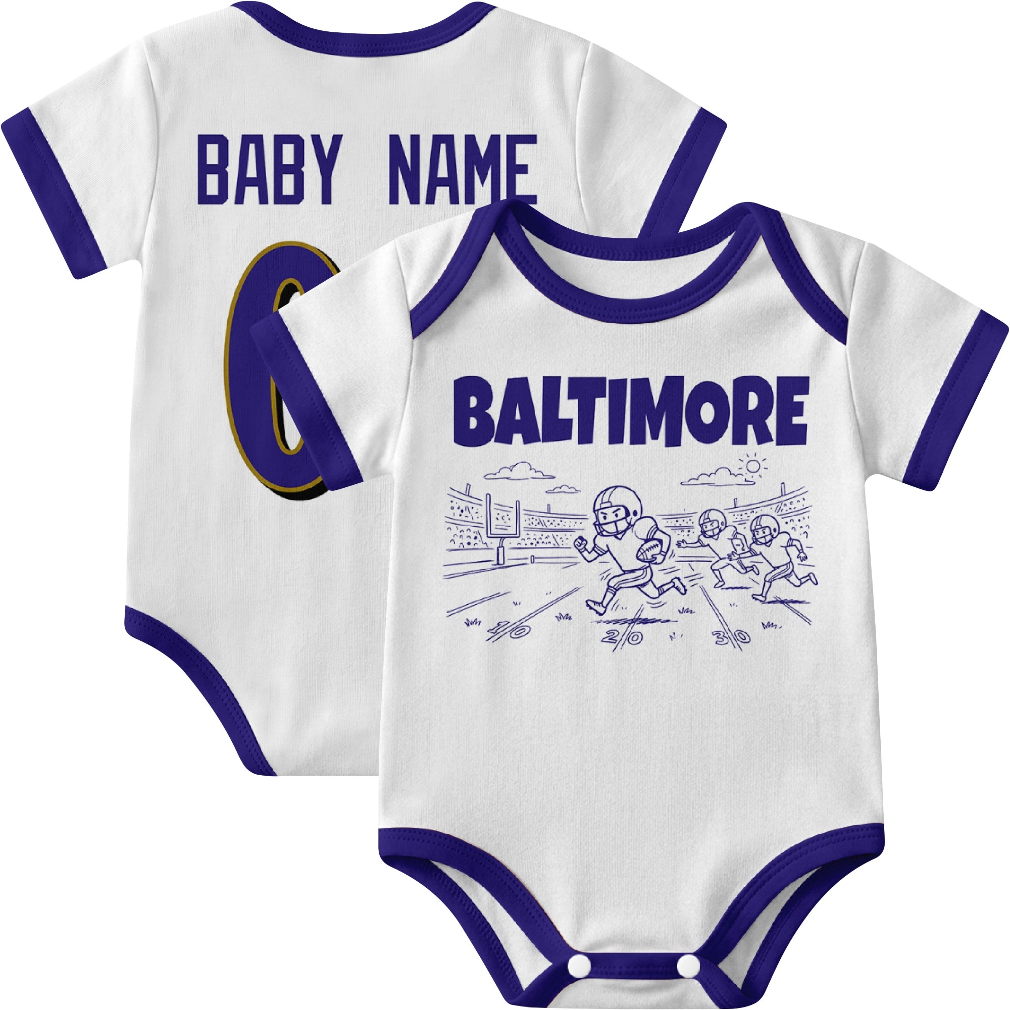 Baltimore personalized baby football bodysuit in White showing front field action scene and back custom baby name and number