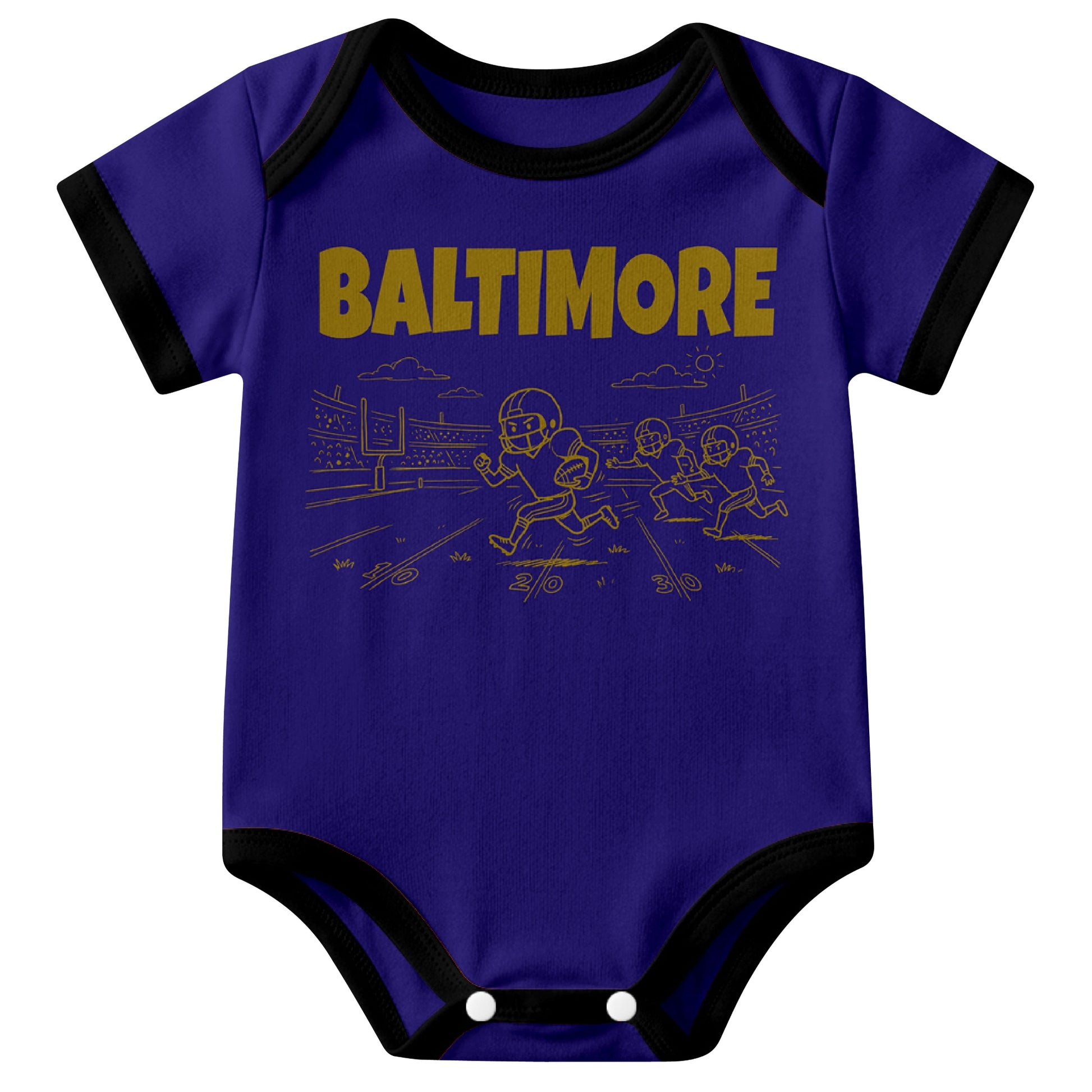 Baltimore Purple baby football bodysuit front view with city lettering and football field action graphic