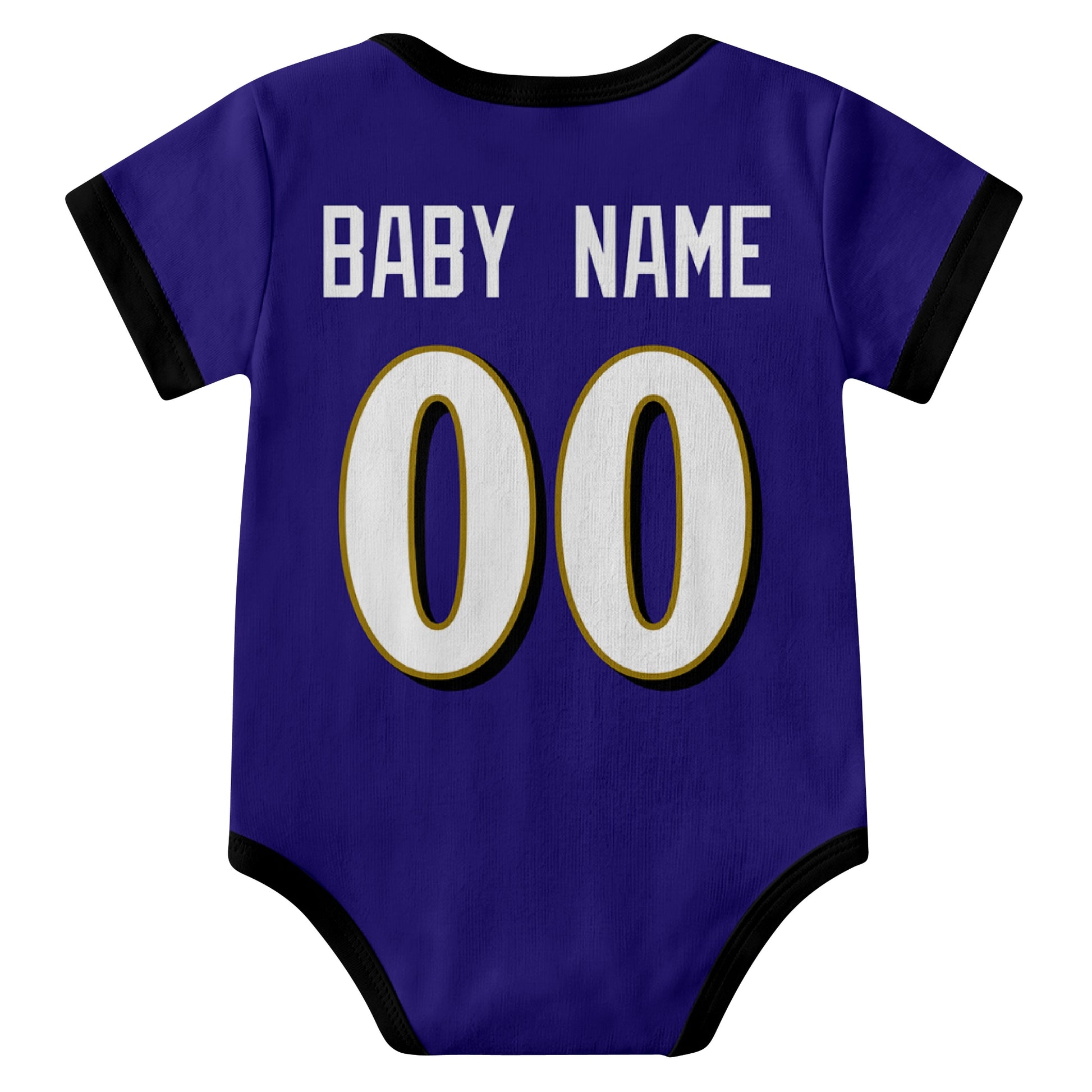 Baltimore Purple personalized baby football bodysuit back view with custom baby name and jersey number