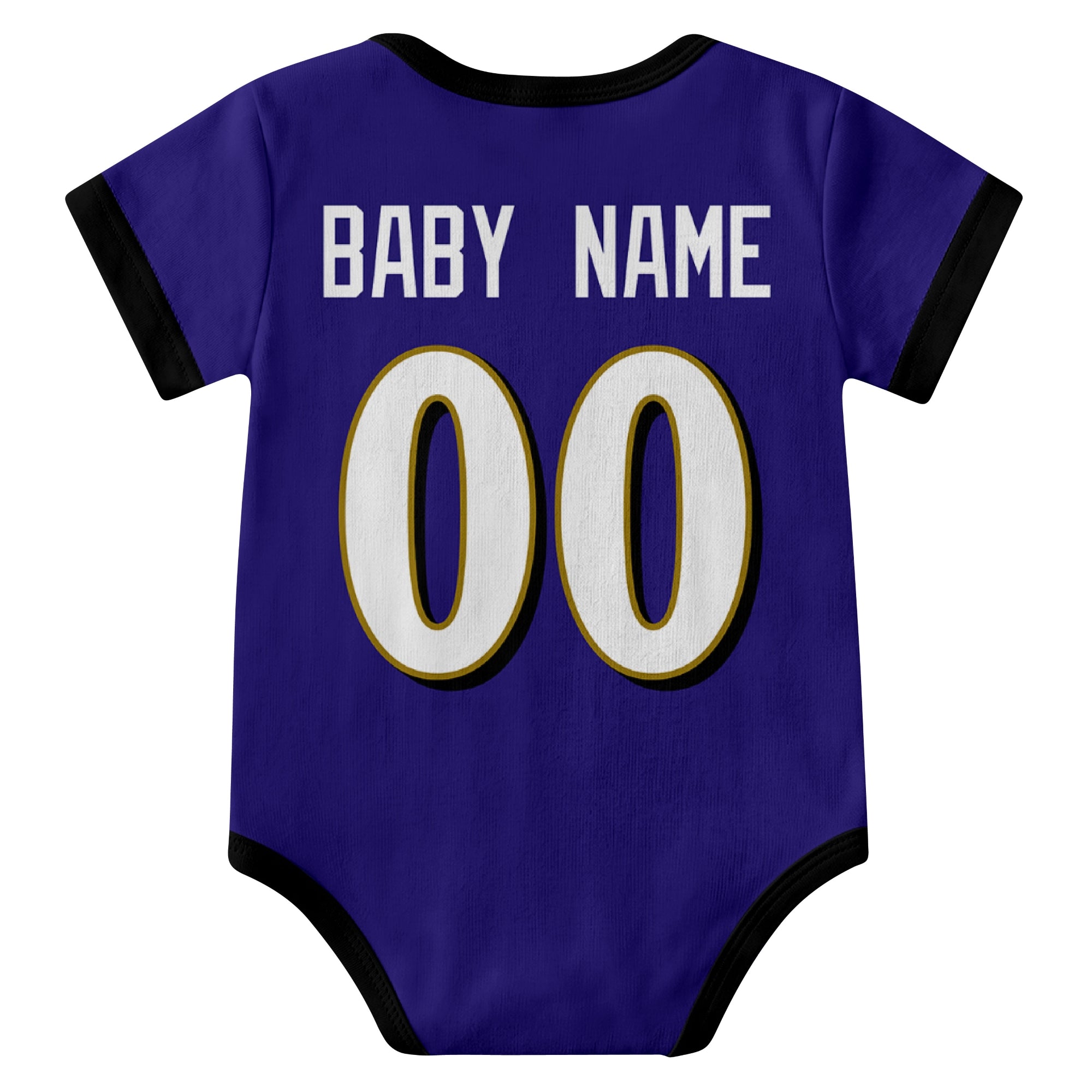 Baltimore Purple personalized baby football bodysuit back view with custom baby name and jersey number