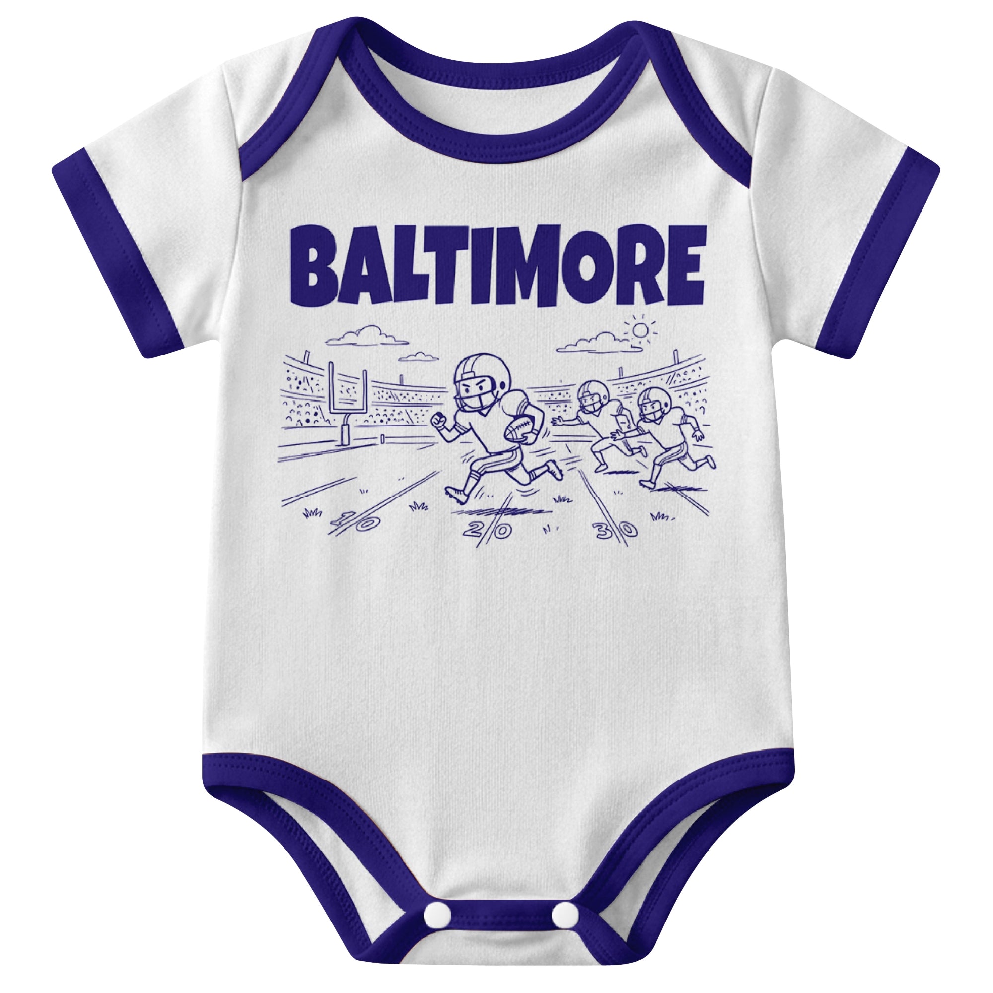 Baltimore White baby football bodysuit front view with city lettering and football field action graphic