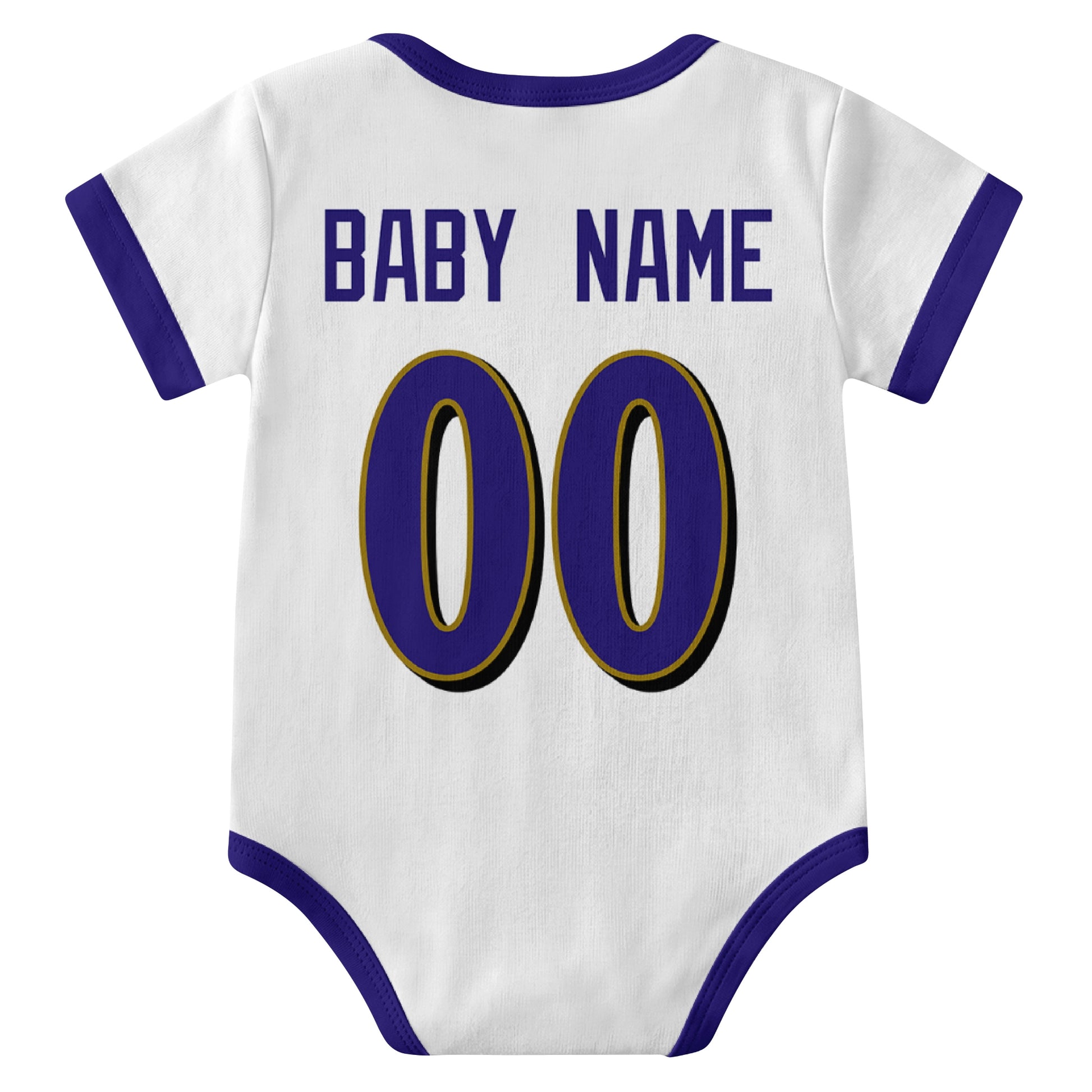 Baltimore White personalized baby football bodysuit back view with custom baby name and jersey number