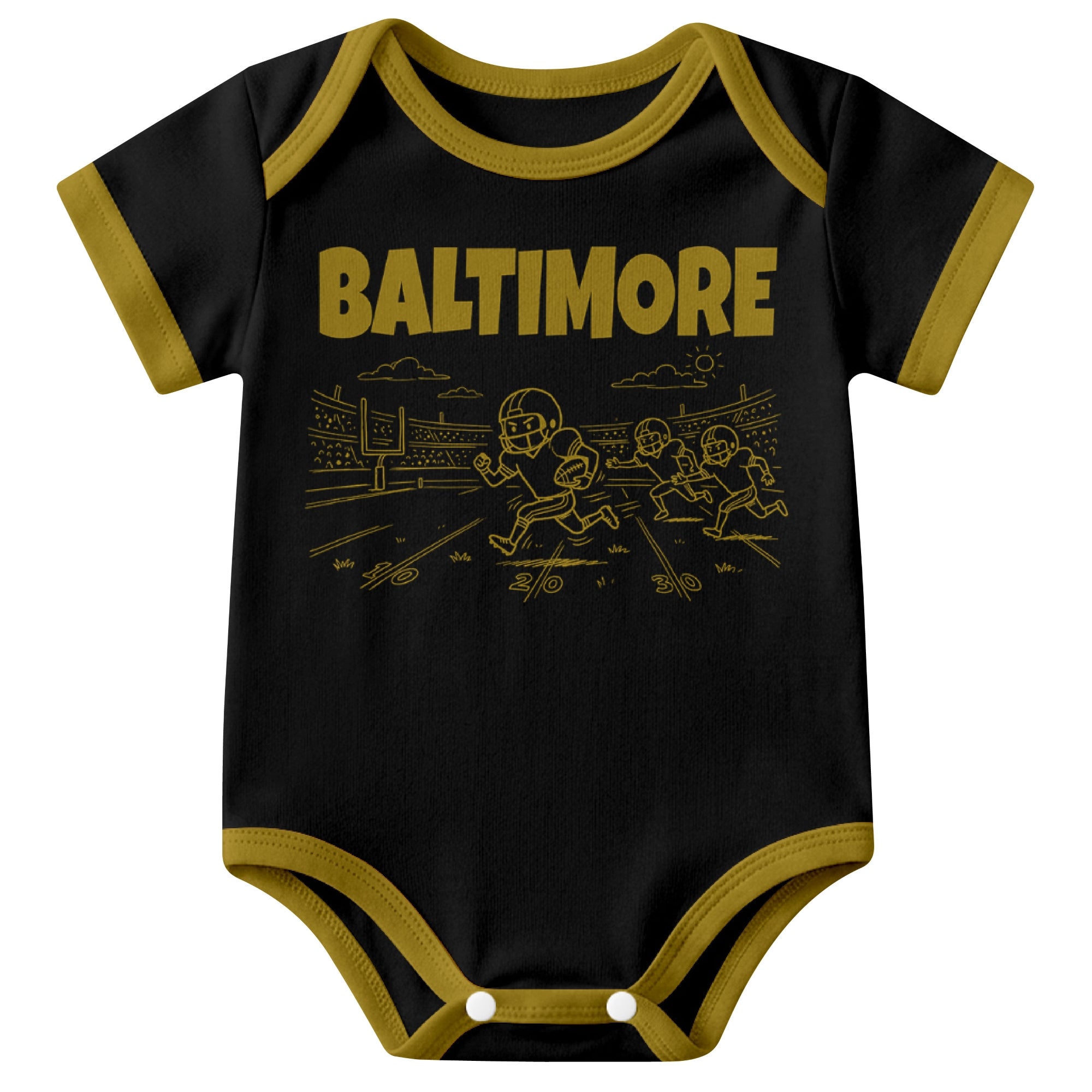 Baltimore Black baby football bodysuit front view with city lettering and football field action graphic