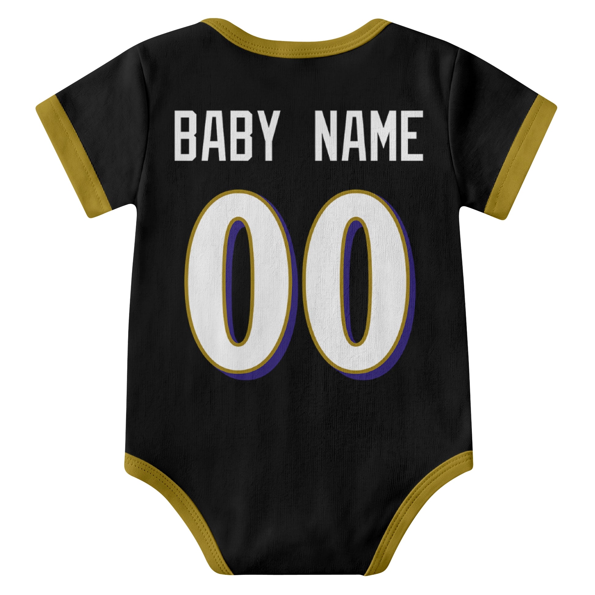 Baltimore Black personalized baby football bodysuit back view with custom baby name and jersey number