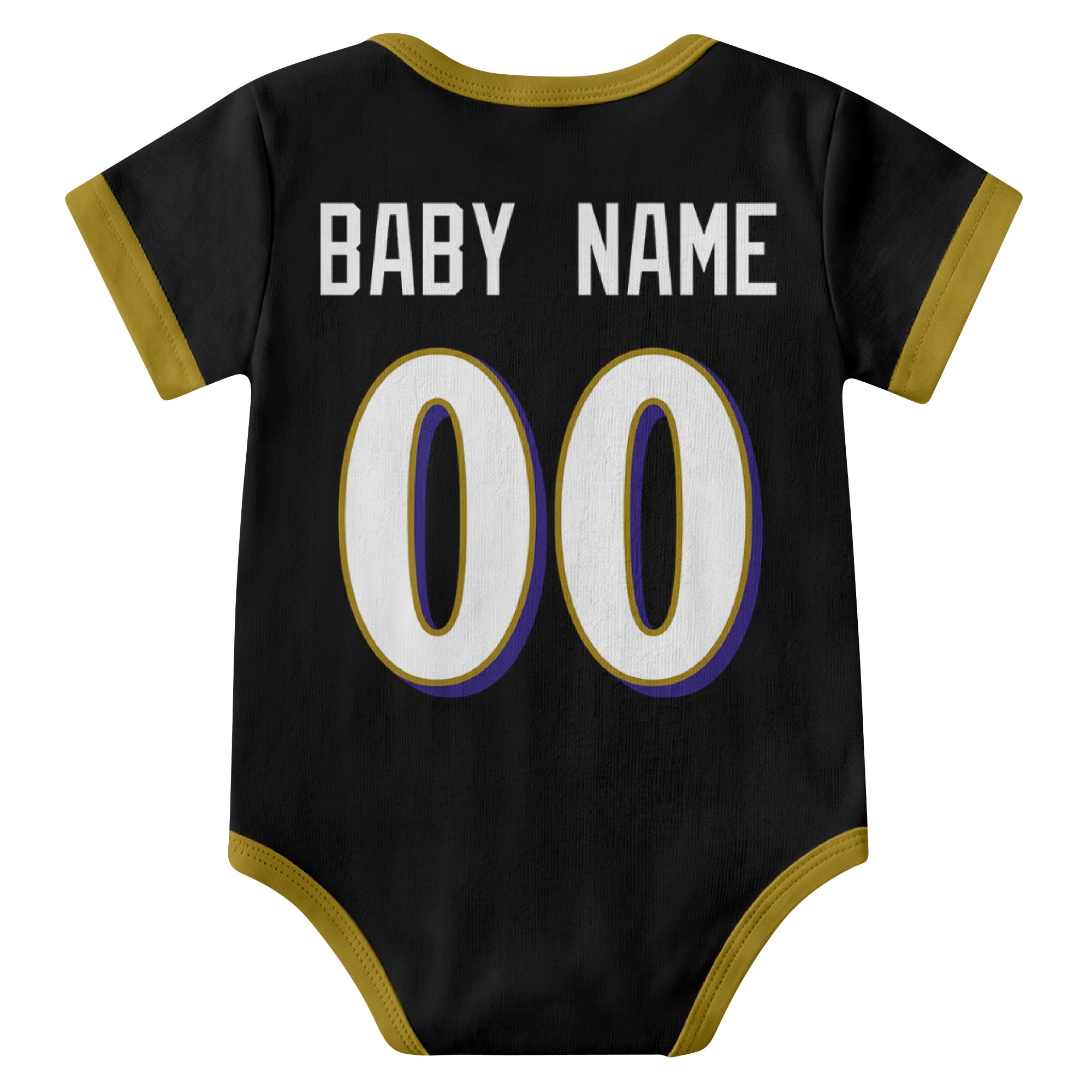 Baltimore Black personalized baby football bodysuit back view with custom baby name and jersey number