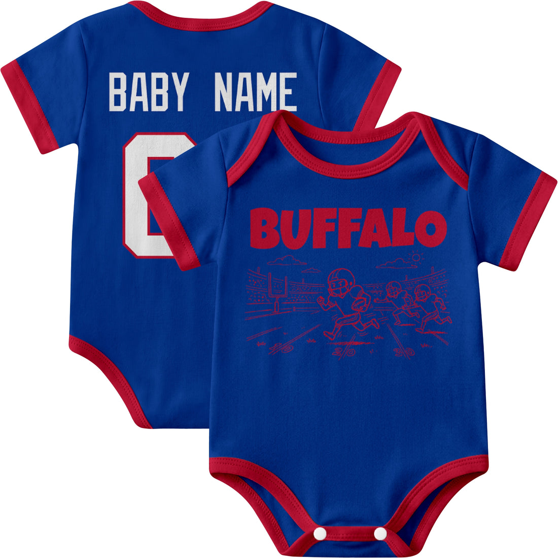 Buffalo personalized baby football bodysuit in Royal showing front field action scene and back custom baby name and number