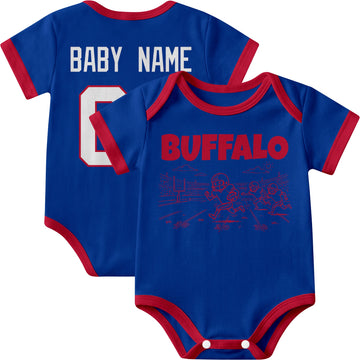 Buffalo personalized baby football bodysuit in Royal showing front field action scene and back custom baby name and number