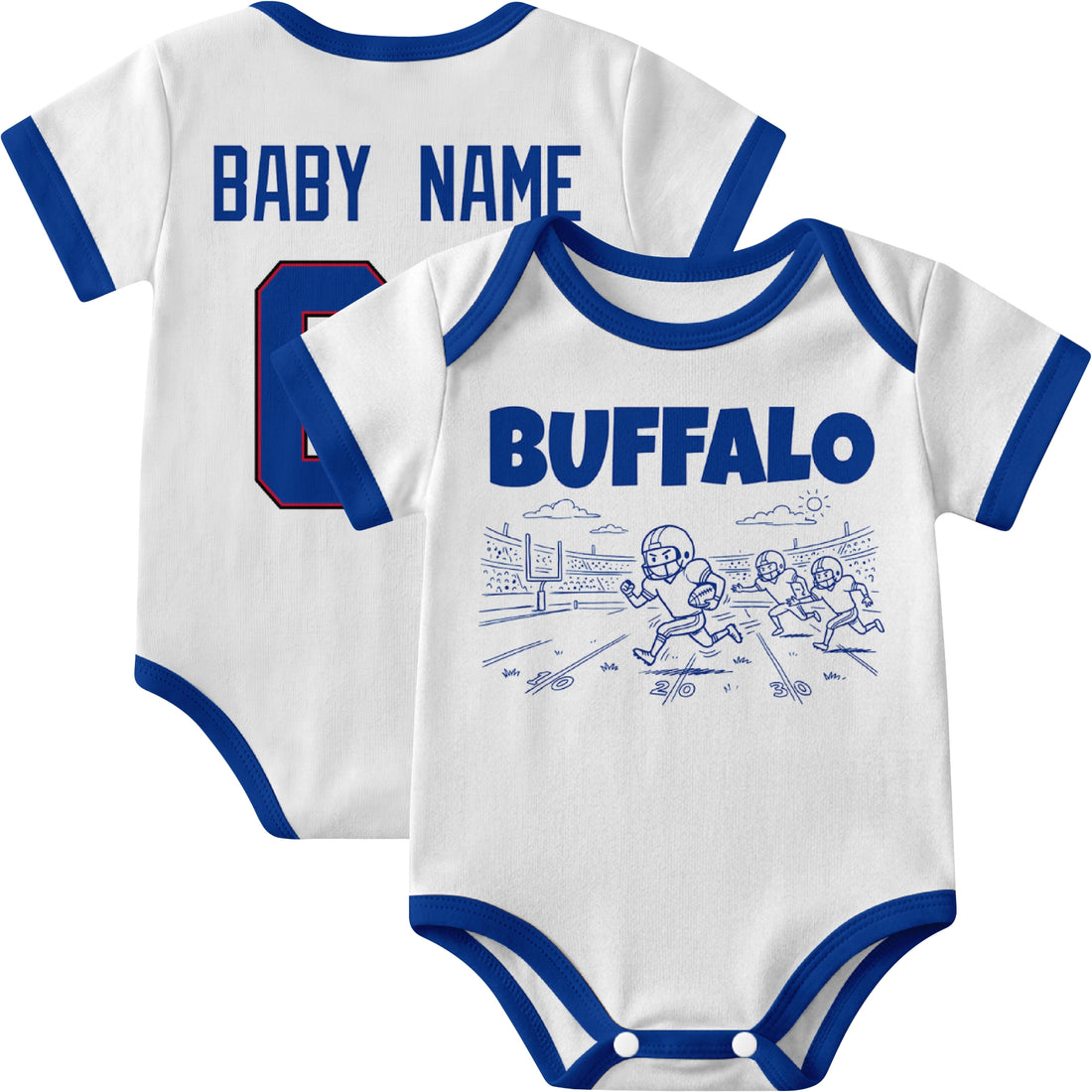 Buffalo personalized baby football bodysuit in Royal showing front field action scene and back custom baby name and number