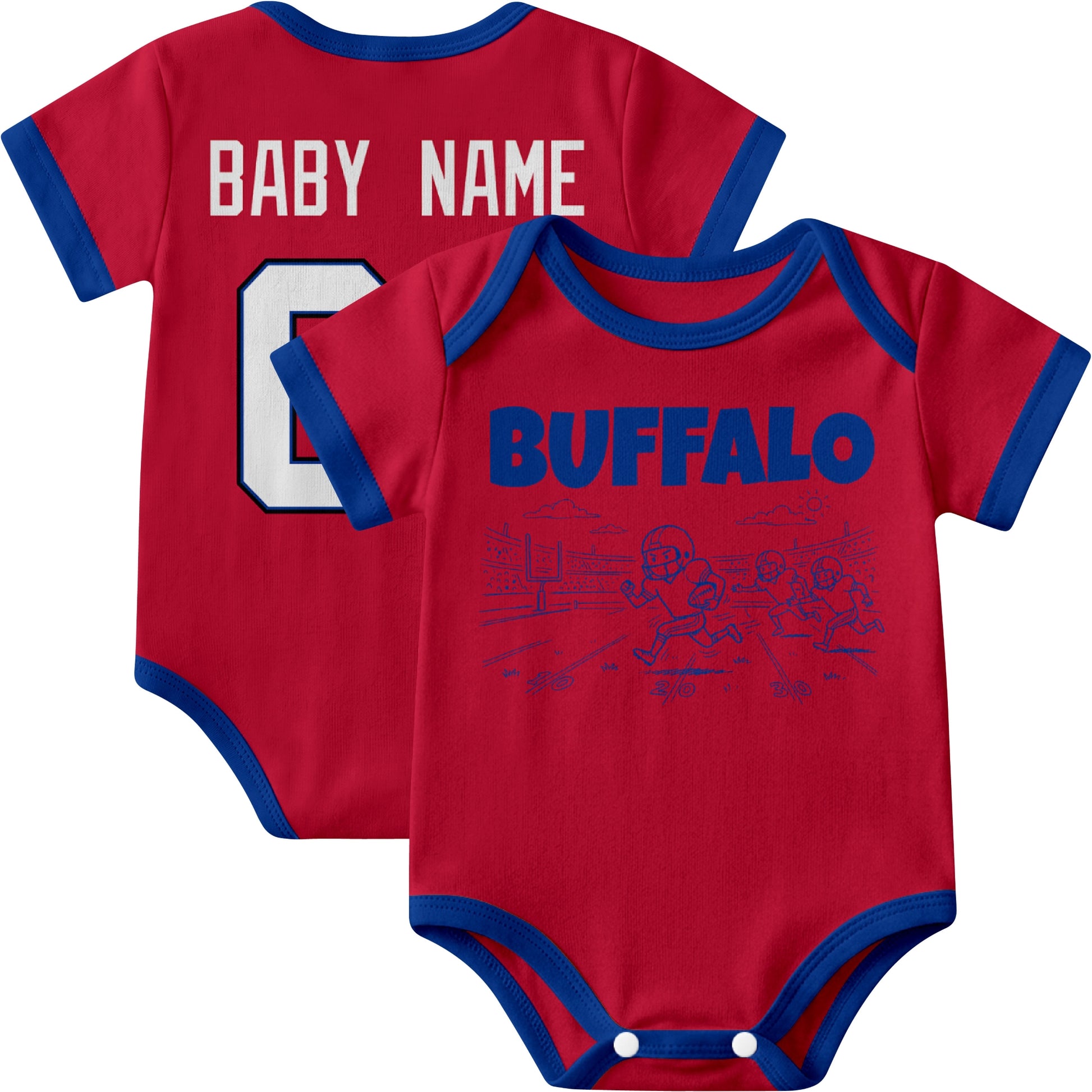 Buffalo personalized baby football bodysuit in Red showing front field action scene and back custom baby name and number