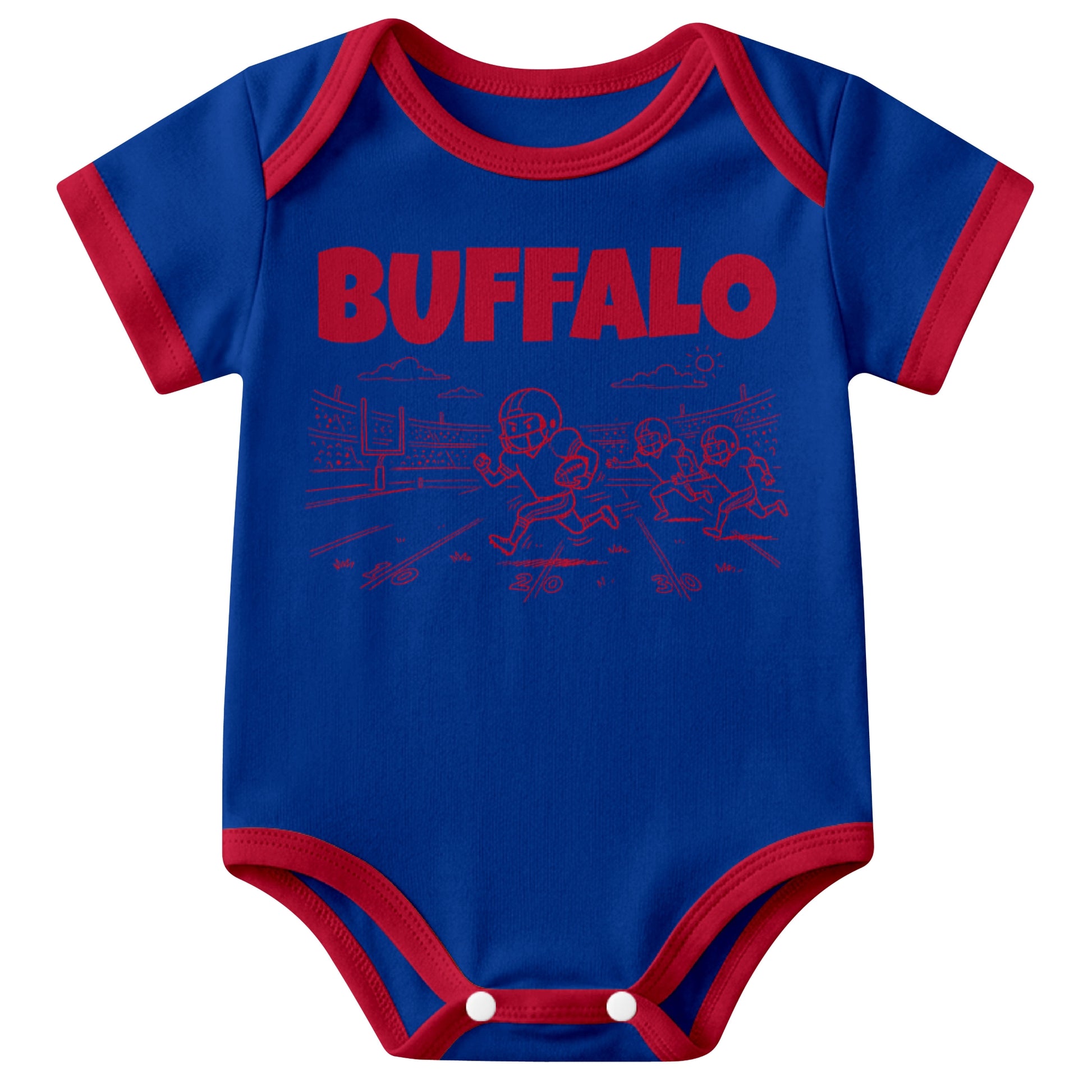 Buffalo Royal baby football bodysuit front view with city lettering and football field action graphic