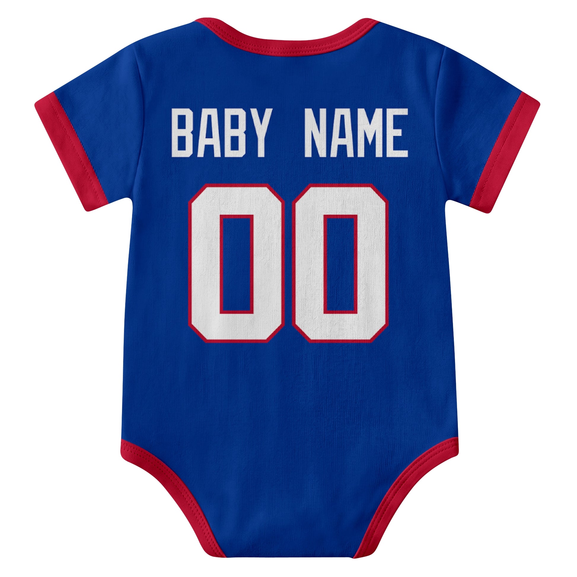 Buffalo Royal personalized baby football bodysuit back view with custom baby name and jersey number