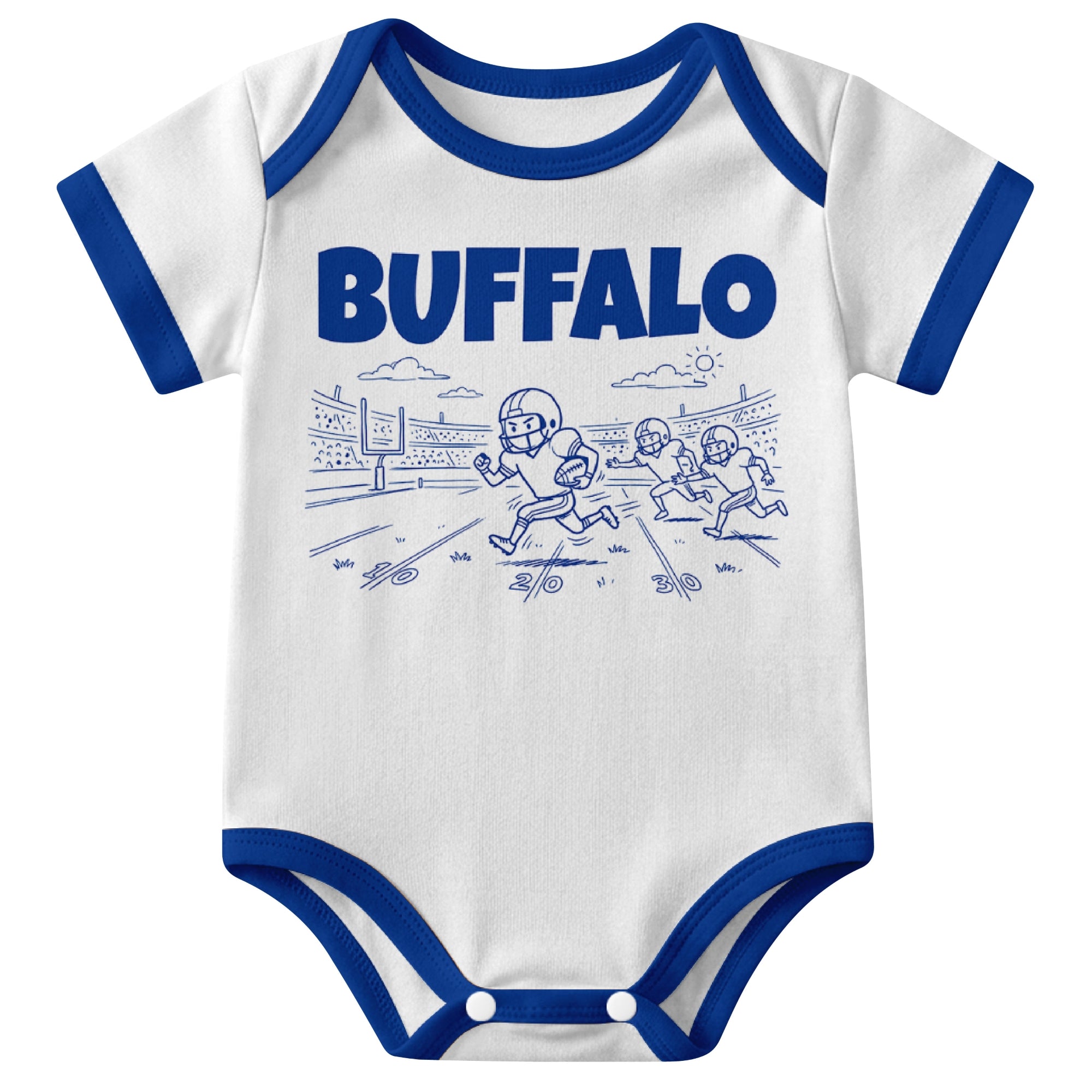 Buffalo White baby football bodysuit front view with city lettering and football field action graphic