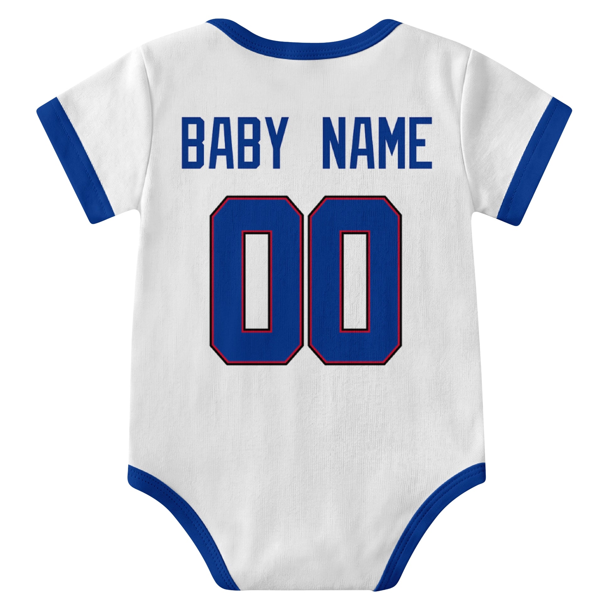 Buffalo White personalized baby football bodysuit back view with custom baby name and jersey number