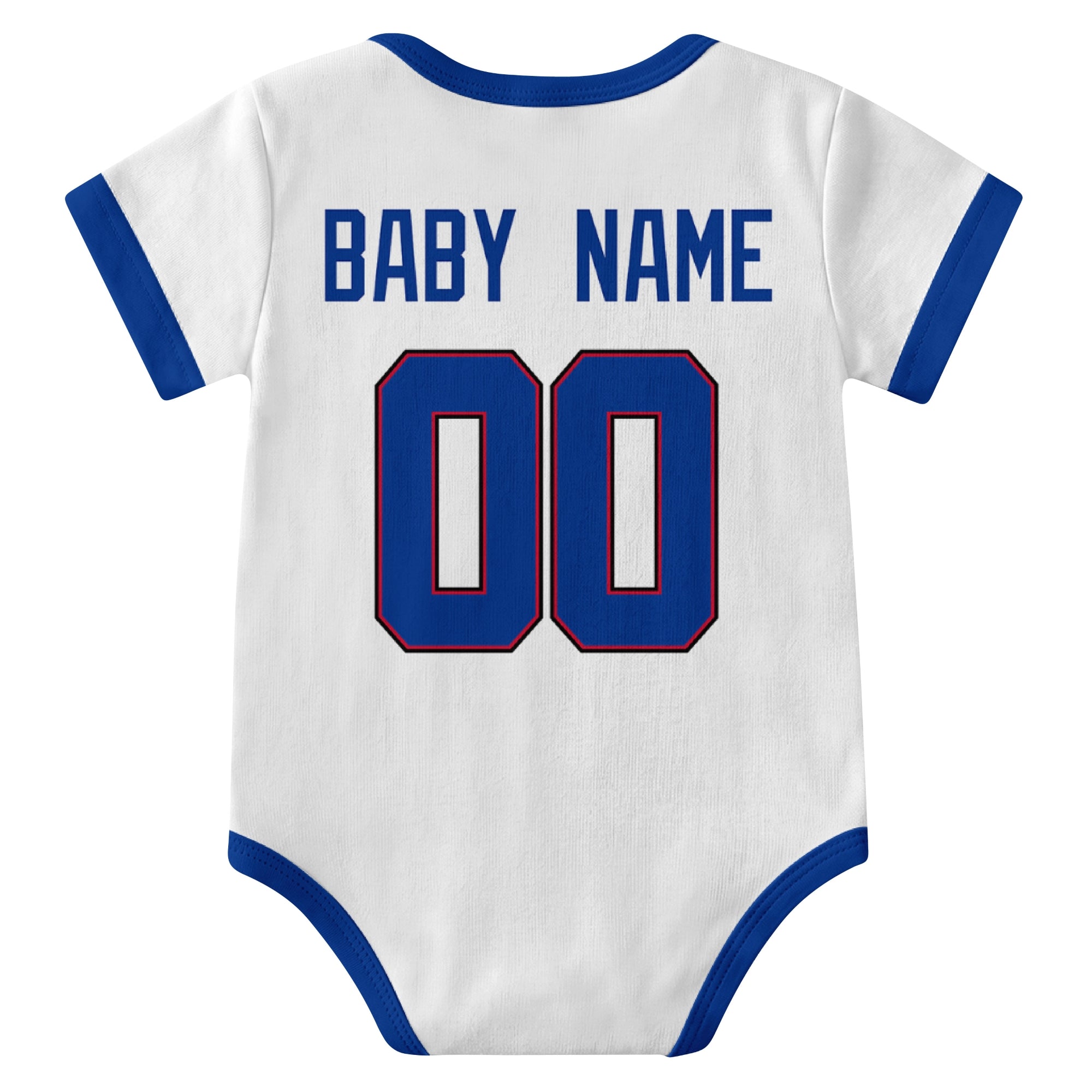 Buffalo White personalized baby football bodysuit back view with custom baby name and jersey number